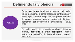 Definiendo la violencia
2
Violencia
Es el uso intencional de la fuerza o el poder
físico, de hecho, o como amenaza contra niñas y
niños, que cause o tenga muchas probabilidades
de causar lesiones, muerte, daños psicológicos,
trastornos del desarrollo o privaciones (OMS,
2002) .)
Es toda forma de perjuicio o abuso físico o
mental, descuido o trato negligente, malos
tratos o explotación, incluido el abuso sexual.
(CRC, 2011)
 