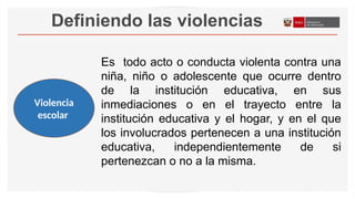 Definiendo las violencias
2
Violencia
escolar
Es todo acto o conducta violenta contra una
niña, niño o adolescente que ocurre dentro
de la institución educativa, en sus
inmediaciones o en el trayecto entre la
institución educativa y el hogar, y en el que
los involucrados pertenecen a una institución
educativa, independientemente de si
pertenezcan o no a la misma.
 