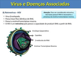 Vírus e Doenças Associadas
Vírus e Doenças Associadas
8) Retrovírus - HIV
o Vírus Envelopado.
o Possui duas fitas idênticas de RNA.
o Possui a enzimaTranscriptase reversa.
o O HIV é um retrovírus pois possui a capacidade de produzir DNA a partir de RNA.
Envelope Lipoprotéico
Capsídeo
2 moléculas de RNA
Enzimas Transcriptase Reversa
Atenção: Para ser considerado retrovírus,
não basta possuir RNA é necessário a
presença da enzima transcriptase reversa.
 