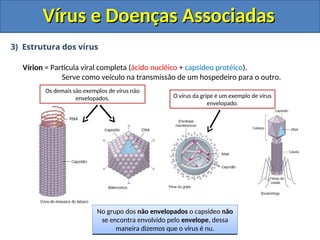 Vírus e Doenças Associadas
Vírus e Doenças Associadas
3) Estrutura dos vírus
Vírion = Partícula viral completa (ácido nucléico + capsídeo protéico).
Serve como veículo na transmissão de um hospedeiro para o outro.
Existem vírus de diferentes formas geométricas
(helicoidais, poliédricos, icosaédricos,
cilíndricos...)
Podemos classificar os vírus em dois grandes
grupos: o grupo dos vírus Envelopados e o dos
não Envelopados.
No grupo dos vírus envelopados o capsídeo é
coberto pelo envelope que é formado quando o
vírus é exocitado da célula hospedeira.
Dessa maneira, o envelope é formado por uma
porção da membrana citoplasmática da célula
hospedeira.
No grupo dos não envelopados o capsídeo não
se encontra envolvido pelo envelope, dessa
maneira dizemos que o vírus é nu.
O vírus da gripe é um exemplo de vírus
envelopado.
Os demais são exemplos de vírus não
envelopados.
 