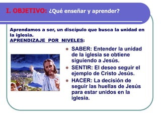 ⚫ SABER: Entender la unidad
de la iglesia se obtiene
siguiendo a Jesús.
⚫ SENTIR: El deseo seguir el
ejemplo de Cristo Jesús.
⚫ HACER: La decisión de
seguir las huellas de Jesús
para estar unidos en la
iglesia.
Aprendamos a ser, un discípulo que busca la unidad en
la iglesia.
APRENDIZAJE POR NIVELES:
I. OBJETIVO: ¿Qué enseñar y aprender?
 