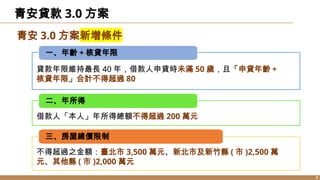 青安貸款 3.0 方案
3
一、年齡 + 核貸年限
二、年所得
貸款年限維持最長 40 年，借款人申貸時未滿 50 歲，且「申貸年齡 +
核貸年限」合計不得超過 80
借款人「本人」年所得總額不得超過 200 萬元
三、房屋總價限制
不得超過之金額：臺北市 3,500 萬元、新北市及新竹縣 ( 市 )2,500 萬
元、其他縣 ( 市 )2,000 萬元
青安 3.0 方案新增條件
 