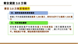 青安貸款 3.0 方案
4
四、婚育家庭提高貸款額度
五、利息補貼續辦
新婚 2 年內家庭貸款額度最高 1,200 萬元，育有未成年子女最高 1,500 萬
元
所 有 青 安 貸 款 貸 戶 均 得 享 有 滿 3 年 利 息 補 貼 〔 現 行 優 惠 後 利 率
1.775% ，包括銀行減收半碼及政府補貼 1.5 碼〕，滿 3 年之次日起「每
年」補貼減少半碼，補貼期滿回復原貸款利率
青安 3.0 方案新增條件
 