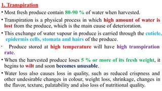 1. Transpiration
• Most fresh produce contain 80-90 % of water when harvested.
• Transpiration is a physical process in which high amount of water is
lost from the produce, which is the main cause of deterioration.
• This exchange of water vapour in produce is carried through the cuticle,
epidermis cells, stomata and hairs of the produce.
• Produce stored at high temperature will have high transpiration
rate.
• When the harvested produce loses 5 % or more of its fresh weight, it
begins to wilt and soon becomes unusable.
• Water loss also causes loss in quality, such as reduced crispness and
other undesirable changes in colour, weight loss, shrinkage, changes in
the flavor, texture, palatability and also loss of nutritional quality.
 