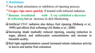 2. Radiations
Act as both stimulators or inhibitors of ripening process.
Grapes ripe more quickly if treated with infrared radiation.
Banana irradiated with X ray exhibited a decrease
in softening but an increase in skin blackening.
 