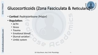 Dr Faiza Ikram, Asst. Prof. Physiology 19
info@medicoseacademics.com
0310-7990649
Glucocorticoids (Zona Fasciculata & Reticularis)
• Cortisol /hydrocortisone (Major)
• Regulation:
• ACTH
• Stress
• Trauma
• Emotional Stimuli
• Diurnal variation
• Limbic system
 
