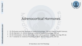 Dr Faiza Ikram, Asst. Prof. Physiology
info@medicoseacademics.com
0310-7990649
Adrenocortical Hormones
2
• Ch 78-Guyton and Hall textbook of medical physiology, 15th ed. Elsevier Health Sciences.
• Ch 20- Barrett, K. E. (2010). Ganong’s review of medical physiology, 25th ed
• Ch 19- Sherwood L. Human physiology: from cells to systems. Cengage learning; 9th ed.
• Ch 7- Costanzo LS. Costanzo Physiology E-Book. Board review series; 6th ed.
 