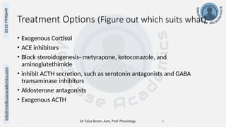 Dr Faiza Ikram, Asst. Prof. Physiology 32
info@medicoseacademics.com
0310-7990649
Treatment Options (Figure out which suits what)
• Exogenous Cortisol
• ACE inhibitors
• Block steroidogenesis- metyrapone, ketoconazole, and
aminoglutethimide
• inhibit ACTH secretion, such as serotonin antagonists and GABA
transaminase inhibitors
• Aldosterone antagonists
• Exogenous ACTH
 
