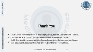 Dr Faiza Ikram, Asst. Prof. Physiology 43
info@medicoseacademics.com
0310-7990649
Thank You
• Ch 78-Guyton and Hall textbook of medical physiology, 15th ed. Elsevier Health Sciences.
• Ch 20- Barrett, K. E. (2010). Ganong’s review of medical physiology, 25th ed
• Ch 19- Sherwood L. Human physiology: from cells to systems. Cengage learning; 9th ed..
• Ch 7- Costanzo LS. Costanzo Physiology E-Book. Board review series; 6th ed.
 