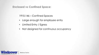 Enclosed vs Confined Space:
1910.146 – Confined Spaces
• Large enough for employee entry
• Limited Entry / Egress
• Not designed for continuous occupancy
 