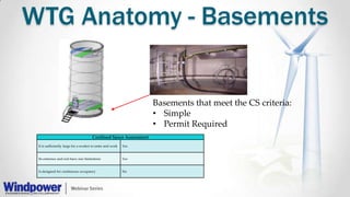 WTG Anatomy - Basements
Confined Space Assessment
It is sufficiently large for a worker to enter and work Yes
Its entrance and exit have size limitations Yes
Is designed for continuous occupancy No
Basements that meet the CS criteria:
• Simple
• Permit Required
 