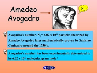 Amedeo                                             NA


Avogadro

Avogadro's number, NA= 6.02 x 1023 particles theorized by
Amadeo Avogadro later mathematically proven by Sanislao
Canizzaro around the 1750's.

Avogadro's number has been experimentally determined to
be 6.02 x 1023 molecules gram mole-1
 