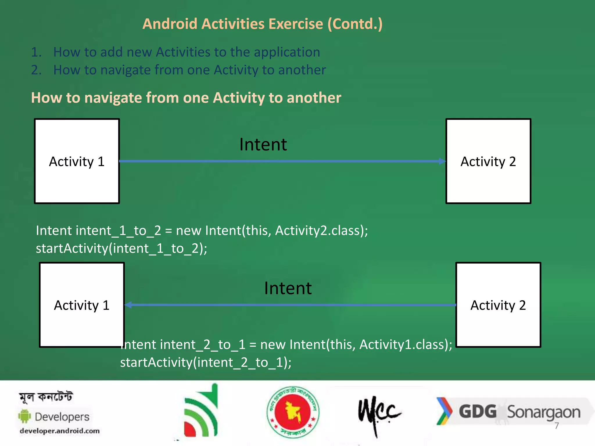 Android Activities Exercise (Contd.) 
1. How to add new Activities to the application 
2. How to navigate from one Activity to another 
How to navigate from one Activity to another 
Intent 
Activity 1 Activity 2 
Intent intent_1_to_2 = new Intent(this, Activity2.class); 
startActivity(intent_1_to_2); 
Intent 
Activity 1 Activity 2 
Intent intent_2_to_1 = new Intent(this, Activity1.class); 
startActivity(intent_2_to_1); 
7 
 