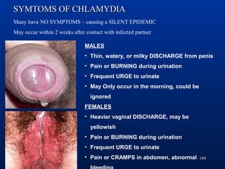 144
MALES
• Thin, watery, or milky DISCHARGE from penis
• Pain or BURNING during urination
• Frequent URGE to urinate
• Ma...