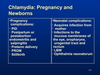 155
•Pregnancy
complications:
• PID
• Postpartum or
postabortion
endometritis and
salpingitis
• Preterm delivery
• PROM
• ...