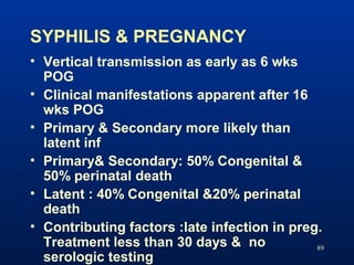 SYPHILIS & PREGNANCY
89
• Vertical transmission as early as 6 wks
POG
• Clinical manifestations apparent after 16
wks POG
...