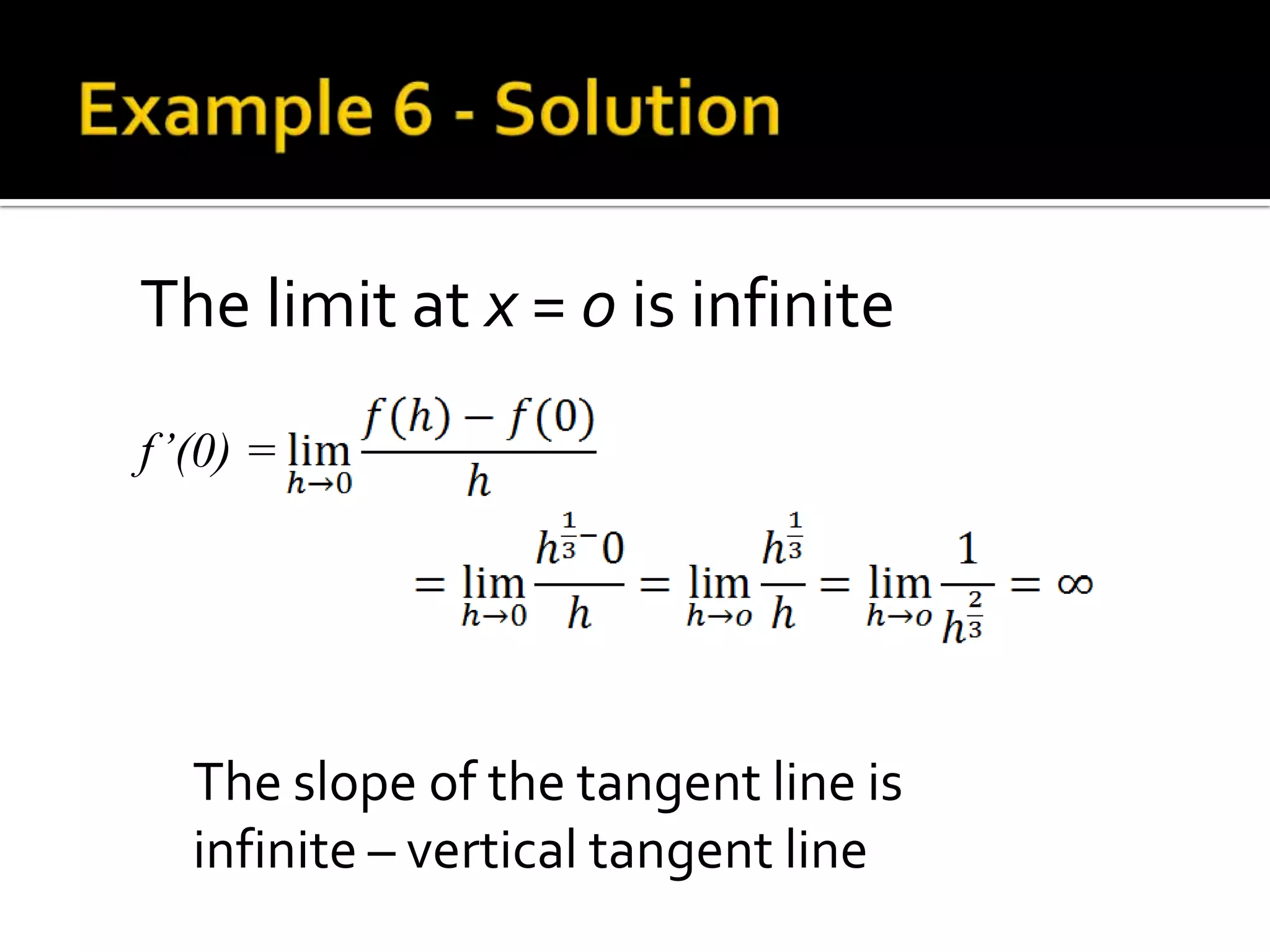 The limit at x = 0 is infinite
f’(0) =




  The slope of the tangent line is
  infinite – vertical tangent line
 