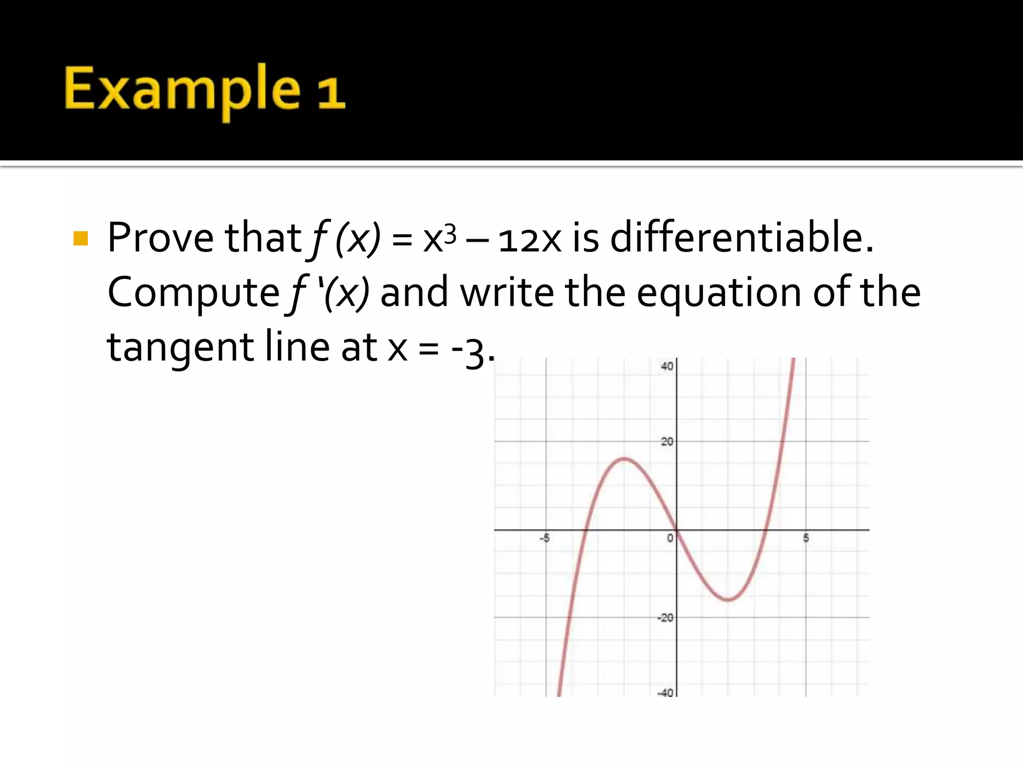    Prove that f (x) = x3 – 12x is differentiable.
    Compute f ‘(x) and write the equation of the
    tangent line at x = -3.
 
