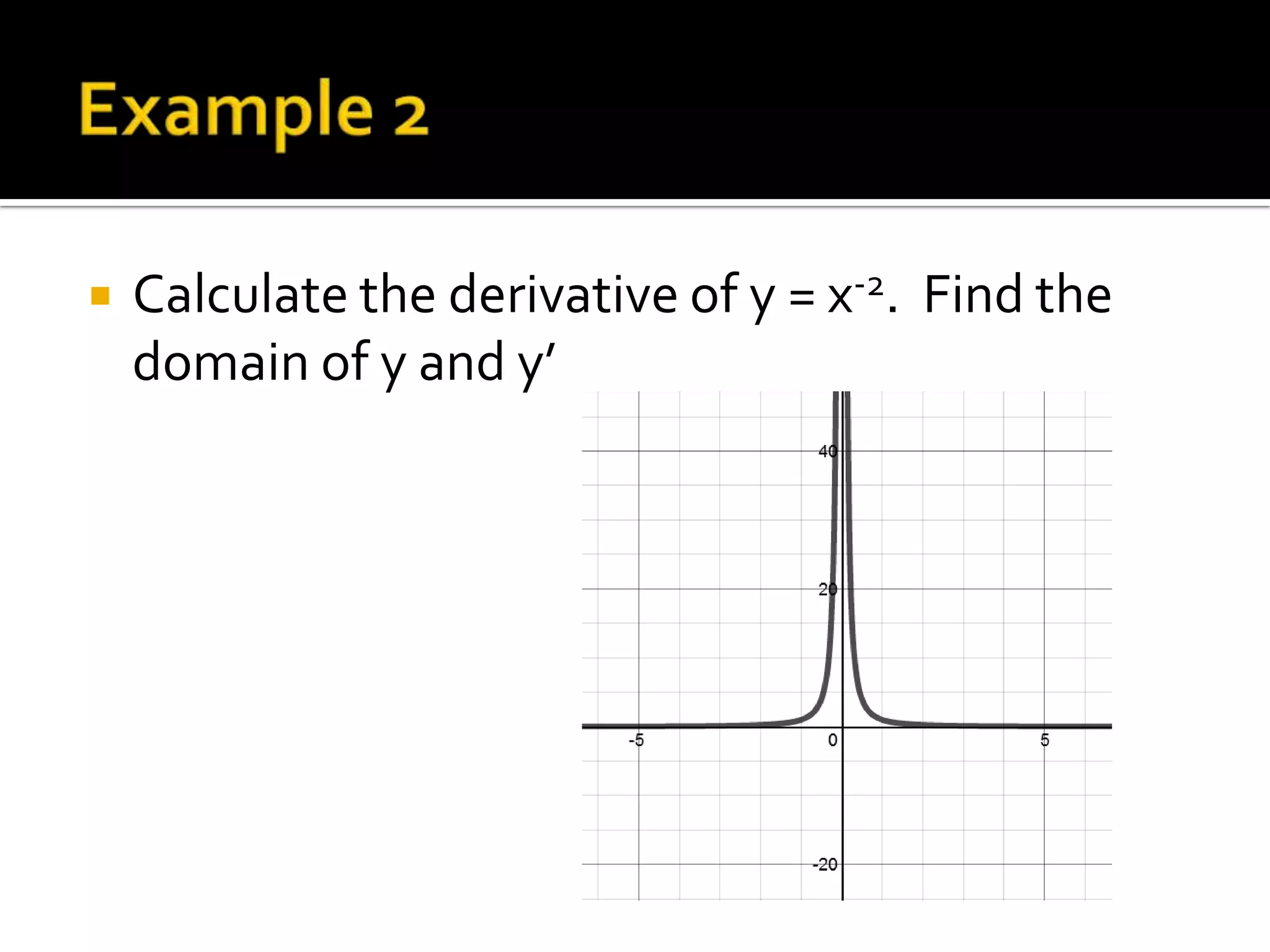   Calculate the derivative of y = x-2. Find the
    domain of y and y’
 