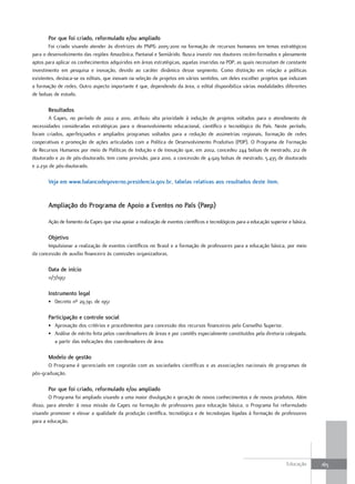 Por que foi criado, reformulado e/ou ampliado
        Foi criado visando atender às diretrizes do PNPG 2005-2010 na formação de recursos humanos em temas estratégicos
para o desenvolvimento das regiões Amazônica, Pantanal e Semiárido. Busca investir nos doutores recém-formados e plenamente
aptos para aplicar os conhecimentos adquiridos em áreas estratégicas, aquelas inseridas na PDP, as quais necessitam de constante
investimento em pesquisa e inovação, devido ao caráter dinâmico desse segmento. Como distinção em relação a políticas
existentes, destaca-se os editais, que inovam na seleção de projetos em vários sentidos, um deles escolher projetos que induzam
a formação de redes. Outro aspecto importante é que, dependendo da área, o edital disponibiliza várias modalidades diferentes
de bolsas de estudo.

       Resultados
       A Capes, no período de 2002 a 2010, atribuiu alta prioridade à indução de projetos voltados para o atendimento de
necessidades consideradas estratégicas para o desenvolvimento educacional, científico e tecnológico do País. Neste período,
foram criados, aperfeiçoados e ampliados programas voltados para a redução de assimetrias regionais, formação de redes
cooperativas e promoção de ações articuladas com a Política de Desenvolvimento Produtivo (PDP). O Programa de Formação
de Recursos Humanos por meio de Políticas de Indução e de Inovação que, em 2002, concedeu 244 bolsas de mestrado, 212 de
doutorado e 20 de pós-doutorado, tem como previsão, para 2010, a concessão de 4.929 bolsas de mestrado, 5.435 de doutorado
e 2.230 de pós-doutorado.

       Veja em www.balancodegoverno.presidencia.gov.br, tabelas relativas aos resultados deste item.


       ampliação do Programa de apoio a Eventos no País (Paep)

       Ação de fomento da Capes que visa apoiar a realização de eventos científicos e tecnológicos para a educação superior e básica.

       objetivo
       Impulsionar a realização de eventos científicos no Brasil e a formação de professores para a educação básica, por meio
da concessão de auxílio financeiro às comissões organizadoras.

       data de início
       11/7/1951

       Instrumento legal
       • Decreto nº 29.741, de 1951

       Participação e controle social
       • Aprovação dos critérios e procedimentos para concessão dos recursos financeiros pelo Conselho Superior.
       • Análise de mérito feita pelos coordenadores de áreas e por comitês especialmente constituídos pela diretoria colegiada,
         a partir das indicações dos coordenadores de área.

       Modelo de gestão
       O Programa é gerenciado em cogestão com as sociedades científicas e as associações nacionais de programas de
pós-graduação.

       Por que foi criado, reformulado e/ou ampliado
        O Programa foi ampliado visando a uma maior divulgação e geração de novos conhecimentos e de novos produtos. Além
disso, para atender à nova missão da Capes na formação de professores para educação básica, o Programa foi reformulado
visando promover e elevar a qualidade da produção científica, tecnológica e de tecnologias ligadas à formação de professores
para a educação.




                                                                                                                           Educação     165
 