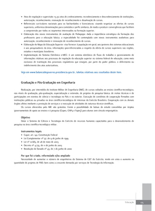 • Atos de regulação e supervisão: 15.312 atos de credenciamento, recredenciamento e descredenciamento de instituições,
         autorização, reconhecimento, renovação de reconhecimento e desativação de cursos.
       • Referenciais curriculares nacionais para os bacharelados e licenciaturas: visando organizar as ofertas de cursos
         superiores, uniformiza denominações para conteúdos e perfis similares, de modo a produzir convergências que facilitem
         a compreensão por todos os segmentos interessados na formação superior.
       • Elaboração dos novos instrumentos de avaliação de Pedagogia: dada a importância estratégica da formação dos
         professores para a educação básica, a especialidade foi contemplada com novos instrumentos avaliativos para
         autorização, reconhecimento e renovação de reconhecimento de cursos.
       • Elaboração do Mapa da Educação Superior: visa fornecer à população em geral, aos gestores dos sistemas educacionais
         e aos pesquisadores da área, informações georreferenciadas a respeito da oferta de cursos superiores nas regiões,
         estados e municípios brasileiros.
       • Implementação do Sistema Eletrônico e-MEC: é um sistema eletrônico de fluxo de trabalho e gerenciamento de
         informações relativas aos processos de regulação da educação superior no sistema federal de educação, como meio
         exclusivo de tramitação dos processos regulatórios que ensejam, por parte do poder público, o deferimento ou
         indeferimento dos atos autorizativos.

       Veja em www.balancodegoverno.presidencia.gov.br, tabelas relativas aos resultados deste item.


       Graduação e Pós-Graduação em Engenharia

         Realização, por intermédio do Instituto Militar de Engenharia (IME), de cursos voltados ao ensino científico-tecnológico,
nos níveis de graduação, pós-graduação, especialização e extensão, de projetos de pesquisa básica, de visitas técnicas e de
participações em eventos de ciência e tecnologia no País e no exterior. Execução de convênios de cooperação firmados com
instituições públicas ou privadas na área científico-tecnológica de interesse do Exército Brasileiro. Cooperação com os demais
órgãos afetos mediante a prestação de serviços e a execução de atividades de natureza técnico-científicas.
         Os cursos oferecidos pelo IME são gratuitos. Existe a possibilidade de bolsas de estudo concedidas por órgãos
governamentais de apoio ao ensino e à pesquisa (Capes, CNPq e Faperj) para alunos sem vínculo empregatício.

       objetivo
       Dotar o Sistema de Ciência e Tecnologia do Exército de recursos humanos capacitados para o desenvolvimento de
pesquisa na área científico-tecnológica militar.

       Instrumentos legais
       •   Caput, art. 142, Constituição Federal
       •   Lei Complementar nº 97, de 9 de junho de 1999
       •   Lei nº 10.683, de 28 de maio de 2003
       •   Decreto nº 4.735, de 11 de junho de 2003
       •   Resolução do Senado nº 43, de 7 de junho de 2000

       Por que foi criado, reformulado e/ou ampliado
       Necessidade de aumentar o número de engenheiros do Sistema de C&T do Exército, tendo em vista o aumento na
quantidade de projetos de P&D, bem como a crescente demanda por serviços de Tecnologia da Informação.




                                                                                                                        Educação     175
 