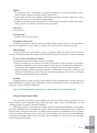 objetivos
       • Dar cumprimento ao PNE – que determina a erradicação do analfabetismo e o progressivo atendimento a jovens e
         adultos no primeiro segmento de educação de jovens e adultos até 2011.
       • Promover ações de inclusão social, ampliando as oportunidades educacionais para jovens e adultos com 15 anos ou
         mais que não tiveram acesso ou permanência na educação básica.
       • Estabelecer um programa nacional de fornecimento de livro didático adequado ao público da alfabetização de jovens e
         adultos, como um recurso básico no processo de ensino e aprendizagem.

       data de início
       24 de abril de 2007

       Instrumento legal
       • Resolução nº 18, de 24 de abril de 2007

       Participação e controle social
       Constituição de comissões que cuidam da elaboração do material didático, tornando possível uma maior participação na
construção de especificidade em termos de didática e conteúdos, além de um controle sobre o processo de execução.

       Modelo de gestão
        A execução do PNLA está a cargo do FNDE e conta com a participação do MEC, das entidades parceiras do PBA, das
secretarias de educação dos estados, dos municípios e do Distrito Federal, das escolas e dos educadores, em regime de cooperação.

       Por que foi criado, reformulado e/ou ampliado
       A formulação dessa política está baseada nas seguintes constatações:
       • Muitos recém-alfabetizados não continuam seus estudos na EJA, ficando à margem do processo de escolarização e
          perdendo suas habilidades de escrita e leitura ao longo do tempo, apesar da articulação entre a alfabetização e a
          continuidade na EJA ser amplamente reconhecida como uma estratégia para garantir o processo de letramento.
       • Segundo informações fornecidas pela pesquisa Indicador de Analfabetismo Funcional (Inaf), realizada em 2003
          pelo Instituto Paulo Montenegro, existe no Brasil uma situação de desigualdade de acesso ao livro e à informação,
          condicionada pelo poder aquisitivo e pela escolaridade.

       Resultados
       O programa distribuiu, em 2008 e 2009, mais de quatro milhões de obras para alfabetizandos e educandos, além de 340
mil para alfabetizadores e educadores de EJA fundamental que atuam nas redes públicas de ensino. Foram beneficiados, entre
2008 e 2009, cerca de 4,2 milhões de alfabetizandos.

       Veja em www.balancodegoverno.presidencia.gov.br, tabelas relativas aos resultados deste item.


       concurso Literatura para Todos

        O Concurso Literatura para Todos é uma das estratégias da Política de Leitura do MEC, que procura democratizar o acesso
à leitura, constituir um acervo bibliográfico literário específico para jovens, adultos e idosos recém-alfabetizados e criar uma
comunidade de leitores. Esse público é chamado de neoleitores.
        O MEC publica e distribui as obras vencedoras às entidades parceiras do Programa Brasil Alfabetizado, às escolas públicas
que oferecem a modalidade EJA, às universidades que compõem a Rede de Formação de Alfabetização de Jovens e Adultos, aos
núcleos de EJA das instituições de ensino superior e às unidades prisionais que ofertam essa modalidade de ensino. Os candidatos
concorrem nas categorias Prosa (conto, novela e crônica), Poesia, Textos da tradição oral (em prosa ou em verso), Perfil Biográfico
e Dramaturgia. É selecionada, também, uma obra de qualquer uma das modalidades do concurso de autor natural dos países
africanos de língua oficial portuguesa.




                                                                                                                         Educação     181
 