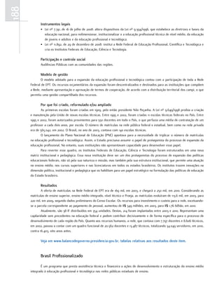 188
             Instrumentos legais
             • Lei nº 7.741, de 16 de julho de 2008: altera dispositivos da Lei nº 9.394/1996, que estabelece as diretrizes e bases da
               educação nacional, para redimensionar, institucionalizar e a educação profissional técnica de nível médio, da educação
               de jovens e adultos e da educação profissional e tecnológica.
             • Lei nº 11.892, de 29 de dezembro de 2008: institui a Rede Federal de Educação Profissional, Científica e Tecnológica e
               cria os Institutos Federais de Educação, Ciência e Tecnologia.

             Participação e controle social
             Audiências Públicas com as comunidades das regiões.

             Modelo de gestão
              O modelo adotado para a expansão da educação profissional e tecnológica contou com a participação de toda a Rede
      Federal de EPT. Os recursos orçamentários da expansão foram descentralizados e destinados para as instituições que compõem
      a Rede, mediante apresentação e aprovação de termos de cooperação, de acordo com a distribuição territorial dos campi, o que
      permitiu uma gestão compartilhada dos recursos.

             Por que foi criado, reformulado e/ou ampliado
              As primeiras escolas foram criadas em 1909, pelo então presidente Nilo Peçanha. A Lei nº 9.649/1998 proibia a criação
      e manutenção pela União de novas escolas técnicas. Entre 1995 e 2002, foram criadas 11 escolas técnicas federais no País. Entre
      1995 e 2002, foram autorizados provimentos para 550 docentes em todo o País, o que perfazia uma média de contratação de um
      professor a cada dois anos, por escola. O número de matrículas na rede pública federal e estadual, bem como na rede privada
      era de 565.042, em 2002. O Brasil, no ano de 2003, contava com 140 escolas técnicas.
              O lançamento do Plano Nacional de Educação (PNE) apontava para a necessidade de triplicar o número de matrículas
      na educação profissional e tecnológica. Assim, o Estado precisava assumir o papel de protagonista do processo de expansão da
      educação profissional. No entanto, suas instituições não apresentavam capacidade para desenvolver esse papel.
              Para reverter esse quadro, os Institutos Federais de Educação, Ciência e Tecnologia foram estruturados em uma nova
      matriz institucional e pedagógica. Essa nova instituição deve ser um dos protagonistas do processo de expansão das políticas
      educacionais federais, não só pela sua natureza e missão, mas também pela sua estrutura institucional, que permite uma atuação
      no ensino médio, nos cursos superiores e nas licenciaturas em todos os estados brasileiros. Os institutos trazem inovações na
      dimensão política, institucional e pedagógica que os habilitam para um papel estratégico na formulação das políticas de educação
      do Estado brasileiro.

             Resultados
              A oferta de matrículas na Rede Federal de EPT era de 169 mil, em 2003, e chegará a 250 mil, em 2010. Considerando as
      matrículas de ensino superior, ensino médio integrado, nível técnico e Proeja, as matrículas evoluíram de 113,6 mil, em 2003, para
      220 mil, em 2009, segundo dados preliminares do Censo Escolar. Os recursos para investimento e custeio para a rede, excetuando-
      se a parcela correspondente ao pagamento de pessoal, aumentou de R$ 349 milhões, em 2003, para R$ 1,76 bilhão, em 2010.
              Atualmente, são 38 IF distribuídos em 354 unidades. Destas, 214 foram implantadas entre 2003 e 2010. Representam uma
      capilaridade sem precedentes na educação federal e podem contribuir decisivamente e de forma específica para o processo de
      desenvolvimento de cada região do País. Quanto aos recursos humanos, a rede, que contava com 7.797 docentes e 8.606 técnicos,
      em 2002, passou a contar com um quadro funcional de 20.562 docentes e 13.487 técnicos, totalizando 34.049 servidores, em 2010,
      contra 16.403, oito anos antes.

             Veja em www.balancodegoverno.presidencia.gov.br, tabelas relativas aos resultados deste item.


             Brasil Profissionalizado

              É um programa que presta assistência técnica e financeira a ações de desenvolvimento e estruturação do ensino médio
      integrado à educação profissional e tecnológica nas redes públicas estaduais de ensino.
 