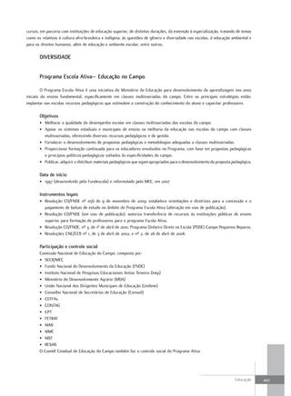 cursos, em parceria com instituições de educação superior, de distintas durações, da extensão à especialização, tratando de temas
como os relativos à cultura afro-brasileira e indígena, às questões de gênero e diversidade nas escolas, à educação ambiental e
para os direitos humanos, além de educação e ambiente escolar, entre outros.

       dIVERsIdadE


       Programa Escola ativa– Educação no campo

         O Programa Escola Ativa é uma iniciativa do Ministério da Educação para desenvolvimento da aprendizagem nos anos
iniciais do ensino fundamental, especificamente em classes multisseriadas do campo. Entre as principais estratégias estão:
implantar nas escolas recursos pedagógicos que estimulem a construção do conhecimento do aluno e capacitar professores.

       objetivos
       • Melhorar a qualidade do desempenho escolar em classes multisseriadas das escolas do campo.
       • Apoiar os sistemas estaduais e municipais de ensino na melhoria da educação nas escolas do campo com classes
         multisseriadas, oferecendo diversos recursos pedagógicos e de gestão.
       • Fortalecer o desenvolvimento de propostas pedagógicas e metodologias adequadas a classes multisseriadas.
       • Proporcionar formação continuada para os educadores envolvidos no Programa, com base em propostas pedagógicas
         e princípios políticos-pedagógicos voltados às especificidades do campo.
       • Publicar, adquirir e distribuir materiais pedagógicos que sejam apropriados para o desenvolvimento da proposta pedagógica.

       data de início
       • 1997 (desenvolvido pelo Fundescola) e reformulado pelo MEC, em 2007

       Instrumentos legais
       • Resolução CD/FNDE nº 056 de 9 de novembro de 2009: estabelece orientações e diretrizes para a concessão e o
         pagamento de bolsas de estudo no âmbito do Programa Escola Ativa (alteração em vias de publicação).
       • Resolução CD/FNDE (em vias de publicação): autoriza transferência de recursos às instituições públicas de ensino
         superior para formação de professores para o programa Escola Ativa.
       • Resolução CD/FNDE, nº 3, de 1º de abril de 2010: Programa Dinheiro Direto na Escola (PDDE) Campo Pequenos Reparos.
       • Resoluções CNE/CEB nº 1, de 3 de abril de 2002, e nº 2, de 28 de abril de 2008.

       Participação e controle social
       Comissão Nacional de Educação do Campo, composta por:
       • SECR/MEC
       • Fundo Nacional de Desenvolvimento da Educação (FNDE)
       • Instituto Nacional de Pesquisas Educacionais Anísio Teixeira (Inep)
       • Ministério do Desenvolvimento Agrário (MDA)
       • União Nacional dos Dirigentes Municipais de Educação (Undime)
       • Conselho Nacional de Secretários de Educação (Consed)
       • CEFFAs
       • CONTAG
       • CPT
       • FETRAF
       • MAB
       • MMC
       • MST
       • RESAB
       O Comitê Estadual de Educação do Campo também faz o controle social do Programa Ativa.




                                                                                                                         Educação     207
 