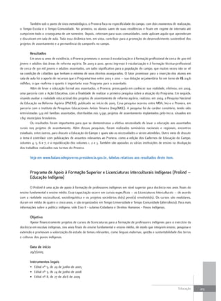 Também sob o ponto de vista metodológico, o Pronera foca na especificidade do campo, com dois momentos de realização,
o Tempo Escola e o Tempo Comunidade. No primeiro, os alunos saem de suas residências e ficam em regime de internato até
cumprirem todo o cronograma de um semestre. Depois, retornam para suas comunidades, onde aplicam aquilo que aprenderam
e discutiram em sala de aula. Toda essa dinâmica tem, em vista, contribuir para a promoção do desenvolvimento sustentável dos
projetos de assentamento e a permanência do camponês no campo.

       Resultados
        Em seus 12 anos de existência, o Pronera promoveu o acesso à escolarização e à formação profissional de cerca de 400 mil
jovens e adultos das áreas de reforma agrária. De 2003 a 2010, gerou ingresso à escolarização e à formação técnica-profissional
de cerca de 301 mil jovens e adultos assentados, um salto significativo para a população do campo, que muitas vezes não se vê
na condição de cidadãos que tenham o mínimo de seus direitos assegurados. O fator promissor para a inserção dos alunos em
sala de aula foi o aporte de recursos que o Programa teve entre 2003 e 2010 – sua dotação orçamentária foi em torno de R$ 214,6
milhões, o que reafirma o quanto é importante esse Programa para o assentado.
        Além de levar a educação formal aos assentados, o Pronera, preocupado em conhecer sua realidade, efetivou, em 2004,
uma parceria com a Ação Educativa, com a finalidade de realizar a primeira pesquisa sobre a atuação do Programa. Em seguida,
visando avaliar a realidade educacional dos projetos de assentamento de reforma agrária, realizou, em 2004, a Pesquisa Nacional
de Educação na Reforma Agrária (PNERA), publicada no início de 2005. Essa pesquisa ocorreu entre MDA, Incra e Pronera, em
parceria com o Instituto de Pesquisas Educacionais Anísio Teixeira (Inep/MEC). A pesquisa foi de caráter censitário, tendo sido
entrevistadas 522 mil famílias assentadas, distribuídas nos 5.595 projetos de assentamento implantados pelo Incra, situados em
1.651 municípios brasileiros.
        Os resultados foram importantes para que se demonstrasse a efetiva necessidade de levar a educação aos assentados
rurais nos projetos de assentamento. Além dessas pesquisas, foram realizados seminários nacionais e regionais, encontros
estaduais, entre outros, para discutir a Educação do Campo e quais são as necessidades a serem atendidas. Outro meio de discutir
o tema é contribuir com publicações de assuntos relevantes ao Pronera, como a edição dos Cadernos de Educação do Campo,
volumes 4, 5, 6 e 7, e a republicação dos volumes 1, 2 e 3. Também são apoiadas as várias instituições de ensino na divulgação
dos trabalhos realizados nas turmas do Pronera.

       Veja em www.balancodegoverno.presidencia.gov.br, tabelas relativas aos resultados deste item.


       Programa de apoio à Formação superior e Licenciaturas Interculturais Indígenas (Prolind –
       Educação Indígena)

        O Prolind é uma ação de apoio à formação de professores indígenas em nível superior para docência nos anos finais do
ensino fundamental e ensino médio. Essa capacitação ocorre em cursos específicos – as Licenciaturas Interculturais – de acordo
com a realidade sociocultural, sociolinguística e os projetos societários do(s) povo(s) envolvido(s). Os cursos são modulares,
duram em média de quatro a cinco anos, e são organizados em Tempo Universidade e Tempo Comunidade (alternância). Para mais
informações sobre a política indígena, vide Eixo II - subeixo Cidadania e Direitos Humanos - Povos Indígenas.

       objetivo
        Apoiar financeiramente projetos de cursos de licenciaturas para a formação de professores indígenas para o exercício da
docência em escolas indígenas, nos anos finais do ensino fundamental e ensino médio, de modo que integrem ensino, pesquisa e
extensão e promovam a valorização do estudo de temas relevantes, como línguas maternas, gestão e sustentabilidade das terras
e culturas dos povos indígenas.

       data de início
       29/7/2005

       Instrumentos legais
       • Edital nº 5, de 29 de junho de 2005
       • Edital nº 3, de 24 de junho de 2008
       • Edital nº 8, de 27 de abril de 2009


                                                                                                                      Educação     213
 