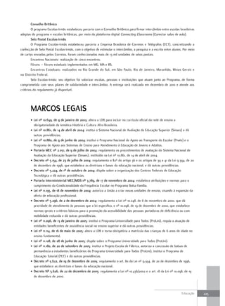 conselho Britânico
        O programa Escolas-Irmãs estabeleceu parceria com o Conselho Britânico para firmar intercâmbio entre escolas brasileiras
adeptas do programa e escolas britânicas, por meio da plataforma digital Connecting Classrooms (Conectar salas de aula).
        selo Postal Escolas-Irmãs
        O Programa Escolas-Irmãs estabeleceu parceria a Empresa Brasileira de Correios e Telégrafos (ECT), concretizando a
confecção de Selo Postal Escolas-Irmãs, com o objetivo de estimular o intercâmbio, a pesquisa e a escrita entre alunos. Por meio
de cartas enviadas pelos Correios, foram confeccionadas mais de 13 mil unidades de selos postais.
        Encontros Nacionais: realização de cinco encontros.
        Fóruns – fóruns estaduais implementados em MG, MA e RS.
        Encontros Estaduais: realizados no Rio Grande do Sul, em São Paulo, Rio de Janeiro, Maranhão, Minas Gerais e
no Distrito Federal.
        Selo Escolas-Irmãs: seu objetivo foi valorizar escolas, pessoas e instituições que atuam junto ao Programa, de forma
comprometida com seus pilares de solidariedade e intercâmbio. A entrega será realizada em dezembro de 2010 e atende aos
critérios do regulamento já disponível.




       MaRcos LEGaIs
       • Lei nº 10.639, de 9 de janeiro de 2003: altera a LDB para incluir no currículo oficial da rede de ensino a
         obrigatoriedade da temática História e Cultura Afro-Brasileira.
       • Lei nº 10.861, de 14 de abril de 2004: institui o Sistema Nacional de Avaliação da Educação Superior (Sinaes) e dá
         outras providências.
       • Lei nº 10.880, de 9 de junho de 2004: institui o Programa Nacional de Apoio ao Transporte do Escolar (Pnate) e o
         Programa de Apoio aos Sistemas de Ensino para Atendimento à Educação de Jovens e Adultos.
       • Portaria MEc nº 2.051, de 9 de julho de 2004: regulamenta os procedimentos de avaliação do Sistema Nacional de
         Avaliação da Educação Superior (Sinaes), instituído na Lei nº 10.861, de 14 de abril de 2004.
       • decreto nº 5.154, de 23 de julho de 2004: regulamenta o §2º do artigo 36 e os artigos de 39 a 41 da Lei 9.394, de 20
         de dezembro de 1996, que estabelece as diretrizes e bases da educação nacional, e dá outras providências.
       • decreto nº 5.224, de 1º de outubro de 2004: dispõe sobre a organização dos Centros Federais de Educação
         Tecnológica e dá outras providências.
       • Portaria Interministerial MEc/Mds nº 3.789, de 17 de novembro de 2004: estabelece atribuições e normas para o
         cumprimento da Condicionalidade da Frequência Escolar no Programa Bolsa Família.
       • Lei nº 11.195, de 18 de novembro de 2004: autoriza a União a criar novas unidades de ensino, visando à expansão da
         oferta de educação profissional.
       • decreto nº 5.296, de 2 de dezembro de 2004: regulamenta a Lei nº 10.048, de 8 de novembro de 2000, que dá
         prioridade de atendimento às pessoas que a lei especifica, e nº 10.098, de 19 de dezembro de 2000, que estabelece
         normas gerais e critérios básicos para a promoção da acessibilidade das pessoas portadoras de deficiência ou com
         mobilidade reduzida e dá outras providências.
       • Lei nº 11.096, de 13 de janeiro de 2005: institui o Programa Universidade para Todos (ProUni), regula a atuação de
         entidades beneficentes de assistência social no ensino superior e dá outras providências.
       • Lei nº 11.114, de 16 de maio de 2005: altera a LDB e torna obrigatória a matrícula das crianças de 6 anos de idade no
         ensino fundamental.
       • Lei nº 11.128, de 28 de junho de 2005: dispõe sobre o Programa Universidade para Todos (ProUni).
       • Lei nº 11.180, de 20 de setembro de 2005: institui o Projeto Escola de Fábrica, autoriza a concessão de bolsas de
         permanência a estudantes beneficiários do Programa Universidade para Todos (ProUni), institui o Programa de
         Educação Tutorial (PET) e dá outras providências.
       • decreto nº 5.622, de 19 de dezembro de 2005: regulamenta o art. 80 da Lei nº 9.394, de 20 de dezembro de 1996,
         que estabelece as diretrizes e bases da educação nacional.
       • decreto Nº 5.626, de 22 de dezembro de 2005: regulamenta a Lei nº 10.436/2002 e o art. 18 da Lei nº 10.098, de 19
         de dezembro de 2000.



                                                                                                                      Educação     225
 