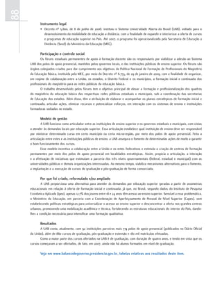 88
            Instrumento legal
            • Decreto nº 5.800, de 8 de junho de 2006: instituiu o Sistema Universidade Aberta do Brasil (UAB), voltado para o
              desenvolvimento da modalidade de educação a distância, com a finalidade de expandir e interiorizar a oferta de cursos
              e programas de educação superior no País. Até 2007, o programa foi operacionalizado pela Secretaria de Educação a
              Distância (Seed) do Ministério da Educação (MEC).

            Participação e controle social
             Os fóruns estaduais permanentes de apoio à formação docente são os responsáveis por viabilizar a adesão ao Sistema
     UAB dos polos de apoio presencial, mantidos pelos governos locais, e das instituições públicas de ensino superior. Os fóruns são
     órgãos colegiados criados para dar cumprimento aos objetivos da Política Nacional de Formação de Profissionais do Magistério
     da Educação Básica, instituída pelo MEC, por meio do Decreto nº 6.755, de 29 de janeiro de 2009, com a finalidade de organizar,
     em regime de colaboração entre a União, os estados, o Distrito Federal e os municípios, a formação inicial e continuada dos
     profissionais do magistério para as redes públicas da educação básica.
             O trabalho desenvolvido pelos fóruns tem o objetivo principal de elevar a formação e profissionalização dos quadros
     do magistério da educação básica das respectivas redes públicas estaduais e municipais, sob a coordenação das secretarias
     de Educação dos estados. Além disso, têm a atribuição de elaborar e acompanhar os planos estratégicos de formação inicial e
     continuada, articular ações, otimizar recursos e potencializar esforços, em interação com os sistemas de ensino e instituições
     formadoras sediadas no estado.

            Modelo de gestão
             A UAB funciona como articulador entre as instituições de ensino superior e os governos estaduais e municipais, com vistas
     a atender às demandas locais por educação superior. Essa articulação estabelece qual instituição de ensino deve ser responsável
     por ministrar determinado curso em certo município ou certa microrregião, por meio dos polos de apoio presencial. Feita a
     articulação entre estes e as instituições públicas de ensino, a UAB assegura o fomento de determinadas ações de modo a garantir
     o bom funcionamento dos cursos.
             Esse modelo incentiva a colaboração entre a União e os entes federativos e estimula a criação de centros de formação
     permanentes por meio dos polos de apoio presencial em localidades estratégicas. Assim, propicia a articulação, a interação
     e a efetivação de iniciativas que estimulam a parceria dos três níveis governamentais (federal, estadual e municipal) com as
     universidades públicas e demais organizações interessadas. Ao mesmo tempo, viabiliza mecanismos alternativos para o fomento,
     a implantação e a execução de cursos de graduação e pós-graduação de forma consorciada.

            Por que foi criado, reformulado e/ou ampliado
             A UAB proporciona uma alternativa para atender às demandas por educação superior geradas a partir de assimetrias
     educacionais em relação à oferta de formação inicial e continuada, já que, no Brasil, segundo dados do Instituto de Pesquisa
     Econômica Aplicada (Ipea), apenas 12,7% dos jovens entre 18 e 24 anos têm acesso ao ensino superior. Sensível a essa problemática,
     o Ministério da Educação, em parceria com a Coordenação de Aperfeiçoamento de Pessoal de Nível Superior (Capes), vem
     estabelecendo políticas estratégicas para universalizar o acesso ao ensino superior e desconcentrar a oferta nos grandes centros
     urbanos, promovendo uma mobilização acadêmica e técnica, fortalecendo as estruturas educacionais do interior do País, dando-
     lhes a condição necessária para intensificar uma formação qualitativa.

            Resultados
            A UAB conta, atualmente, com 92 instituições parceiras mais 774 polos de apoio presencial (publicados no Diário Oficial
     da União), além de 880 cursos de graduação, pós-graduação e extensão e 180 mil matrículas efetuadas.
            Como a maior parte dos cursos ofertados na UAB é de graduação, com duração de quatro anos, e tendo em vista que os
     cursos começaram a ser ofertados, de fato, em 2007, ainda não há alunos formados em nível de graduação.

            Veja em www.balancodegoverno.presidencia.gov.br, tabelas relativas aos resultados deste item.
 