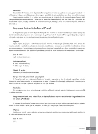 Resultados
        Desde o início do Programa, foram disponibilizados 135.594 livros em braile, 901.422 livros em Libras, 5.267 livros-áudio e 11
mil dicionários trilíngues, 2,6 mil laptops para alunos cegos e 37,5 mil kits de materiais didáticos para alunos com deficiência visual.
        Foram investidos, também, R$ 4,7 milhões para a modernização do Parque Gráfico do Instituto Benjamin Constant (IBC)
e R$ 5,8 milhões para modernização dos CAPs e NAPPBs. Além disso, foram adquiridos, em 2009 e em 2010, e difundidos por
meio do PNBE Especial, 1.241.642 exemplares de livros sobre orientação pedagógica, livros em caracteres ampliados, em braile e
CD em Libras.

       Programa de apoio ao Ensino Especial (Proesp)

       O Programa de Apoio ao Ensino Especial (Proesp) é uma iniciativa da Secretaria de Educação Especial (Seesp) do
Ministério da Educação, em parceria com a Coordenação de Aperfeiçoamento de Pessoal de Nível Superior (Capes), que objetiva
a formação e a pesquisa na área da educação especial na perspectiva da educação inclusiva.

       objetivo
         Apoiar projetos de pesquisa e a formação de recursos humanos, na área de pós-graduação stricto sensu. O foco são
iniciativas voltadas à produção e avaliação de referenciais, metodologias e recursos de acessibilidade na educação e demais
processos pedagógicos e formativos que envolvem o atendimento educacional especializado para alunos com deficiência, transtornos
globais do desenvolvimento e altas habilidades/superdotação, realizado de forma complementar ou suplementar à escolarização.

       data de início
       1996, reestruturado em 2003

       Instrumentos legais
       • Edital Proesp/Capes/2003
       • Edital Capes nº 1/2009

       Modelo de gestão
       Implementação compartilhada com a Capes.

       Por que foi criado, reformulado e/ou ampliado
         O Proesp foi criado com o objetivo de fortalecer a formação e a pesquisa na área da educação especial por meio do
fomento. Em 2003, foram ampliados os investimentos e, em 2009, o Programa foi reformulado, estabelecendo a sintonia com a
Política Nacional de Educação Especial na Perspectiva da Educação Inclusiva.

       Resultados
        Em 2003, 2005 e 2009 foram contempladas 42 instituições públicas de educação superior, totalizando um montante de R$
7,5 milhões investidos.

       Programa Nacional para a certificação de Proficiência no uso e Ensino da Língua Brasileira
       de sinais (Prolibras)

      O Programa Nacional para a Certificação de Proficiência no Uso e Ensino da Língua Brasileira de Sinais (Prolibras) promove
exames nacionais visando à certificação de proficiência em tradução e interpretação Libras/Língua Portuguesa.

       objetivo
       Viabilizar, por meio de exames de âmbito nacional, a certificação de proficiência no uso e ensino da Libras e de proficiência
na tradução e interpretação da Libras.

       data de início
       2005



                                                                                                                              Educação     99
 