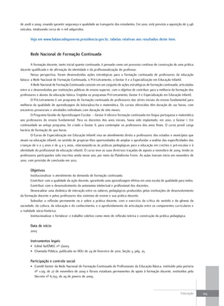 de 2008 a 2009, visando garantir segurança e qualidade ao transporte dos estudantes. Em 2010, está prevista a aquisição de 5.146
veículos, totalizando cerca de 11 mil adquiridos.

       Veja em www.balancodegoverno.presidencia.gov.br, tabelas relativas aos resultados deste item.


       Rede Nacional de Formação continuada

        A formação docente, tanto inicial quanto continuada, é pensada como um processo contínuo de construção de uma prática
docente qualificada e de afirmação da identidade e da profissionalização do professor.
        Nessa perspectiva, foram desenvolvidas ações estratégicas para a formação continuada de professores da educação
básica: a Rede Nacional de Formação Continuada, o Pró-Letramento, o Gestar II e a Especialização em Educação Infantil.
        A Rede Nacional de Formação Continuada consiste em um conjunto de ações estratégicas de formação continuada, articuladas
entre si e desenvolvidas por instituições públicas de ensino superior, com o objetivo de contribuir para a melhoria da formação dos
professores e alunos da educação básica. Engloba os programas Pró-Letramento, Gestar II e Especialização em Educação Infantil.
        O Pró-Letramento é um programa de formação continuada de professores das séries iniciais do ensino fundamental para
melhoria da qualidade de aprendizagem da leitura/escrita e matemática. Os cursos oferecidos têm duração de 120 horas, com
encontros presenciais e atividades individuais com duração de oito meses.
        O Programa Gestão da Aprendizagem Escolar – Gestar II oferece formação continuada em língua portuguesa e matemática
aos professores do ensino fundamental. Para os docentes dos anos iniciais, havia sido implantado, em 2001, o Gestar I. Em
continuidade ao antigo programa, foi criado o Gestar II, para contemplar os professores dos anos finais. O curso provê carga
horária de formação de 300 horas.
        O Curso de Especialização em Educação Infantil visa ao atendimento direto a professores dos estados e municípios que
atuam na educação infantil, no sentido de propiciar-lhes oportunidades de ampliar e aprofundar a análise das especificidades das
crianças de 0 a 3 anos e de 4 a 5 anos, relacionando-as às práticas pedagógicas para a educação em creches e pré-escolas e à
identidade do profissional da educação infantil. O curso teve as suas diretrizes traçadas de agosto a novembro de 2009, tendo os
professores participantes sido inscritos ainda nesse ano, por meio da Plataforma Freire. As aulas tiveram início em novembro de
2010, com previsão de conclusão em 2012.

       objetivos
        Institucionalizar o atendimento da demanda de formação continuada.
        Contribuir com a qualidade da ação docente, garantindo uma aprendizagem efetiva em uma escola de qualidade para todos.
        Contribuir com o desenvolvimento da autonomia intelectual e profissional dos docentes.
        Desencadear uma dinâmica de interação entre os saberes pedagógicos produzidos pelas instituições de desenvolvimento
da formação docente e pelos professores dos sistemas de ensino e sua prática docente.
        Subsidiar a reflexão permanente na e sobre a prática docente, com o exercício da crítica do sentido e da gênese da
sociedade, da cultura, da educação e do conhecimento, e o aprofundamento da articulação entre os componentes curriculares e
a realidade sócio-histórica.
        Institucionalizar e fortalecer o trabalho coletivo como meio de reflexão teórica e construção da prática pedagógica.

       data de início
       2003

       Instrumentos legais
       • Edital Seif/MEC nº 1/2003
       • Chamada Pública, publicada no DOU de 24 de fevereiro de 2010, Seção 3, pág. 25.

       Participação e controle social
       • Comitê Gestor da Rede Nacional de Formação Continuada de Profissionais da Educação Básica, instituído pela portaria
         nº 1.129, de 27 de novembro de 2009 e fóruns estaduais permanentes de apoio à formação docente, instituídos pelo
         Decreto nº 6.755, de 29 de janeiro de 2009.



                                                                                                                         Educação     103
 