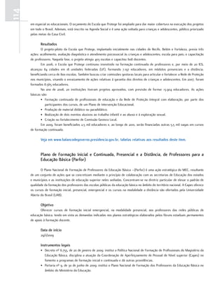 114
      em especial as educacionais. O orçamento do Escola que Protege foi ampliado para dar maior cobertura na execução dos projetos
      em todo o Brasil. Ademais, está inscrito na Agenda Social e é uma ação voltada para crianças e adolescentes, público priorizado
      pelas metas da Casa Civil.

             Resultados
              O projeto-piloto da Escola que Protege, implantado inicialmente nas cidades de Recife, Belém e Fortaleza, previa três
      ações: acolhimento, avaliação diagnóstica e atendimento psicossocial às crianças e adolescentes; escola para pais; e capacitação
      de professores. Naquela fase, o projeto atingiu 403 escolas e capacitou 608 docentes.
              Em 2006, o Escola que Protege continuou investindo na formação continuada de professores e, por meio de 20 IES,
      alcançou 84 cidades em 18 unidades federadas (UF), formando 7.197 educadores, em módulos presenciais e a distância,
      beneficiando cerca de 800 escolas. Também buscou criar comissões gestoras locais para articular e fortalecer a Rede de Proteção
      nos municípios, visando o enraizamento de ações relativas à garantia dos direitos de crianças e adolescentes. Em 2007, foram
      formados 8.565 educadores.
              No ano de 2008, 20 instituições tiveram projetos aprovados, com previsão de formar 13.904 educadores. As ações
      básicas são:
              • Formação continuada de profissionais de educação e da Rede de Proteção Integral com elaboração, por parte dos
                participantes dos cursos, de um Plano de Intervenção Educacional.
              • Produção de material didático ou paradidático.
              • Realização de dois eventos alusivos ao trabalho infantil e ao abuso e à exploração sexual.
              • Criação ou fortalecimento de Comissão Gestora Local.
              Em 2009, foram beneficiados 2,5 mil educadores e, ao longo de 2010, serão financiadas outras 5,5 mil vagas em cursos
      de formação continuada.

             Veja em www.balancodegoverno.presidencia.gov.br, tabelas relativas aos resultados deste item.


             Plano de Formação Inicial e continuada, Presencial e a distância, de Professores para a
             Educação Básica (Parfor)

             O Plano Nacional de Formação de Professores da Educação Básica –(Parfor) é uma ação estratégica do MEC, resultante
      de um conjunto de ações que se concretizam mediante o princípio de colaboração com as secretarias de Educação dos estados
      e municípios e as instituições de educação superior neles sediadas. Concentram-se na diretriz particular de elevar o padrão de
      qualidade da formação dos professores das escolas públicas da educação básica no âmbito do território nacional. A Capes oferece
      os cursos de formação inicial, presencial, emergencial e os cursos na modalidade a distância são ofertados pela Universidade
      Aberta do Brasil (UAB).

             objetivo
             Oferecer cursos de formação inicial emergencial, na modalidade presencial, aos professores das redes públicas de
      educação básica, tendo em vista as demandas indicadas nos planos estratégicos elaborados pelos fóruns estaduais permanentes
      de apoio à formação docente.

             data de início
             29/1/2009

             Instrumentos legais
             • Decreto nº 6.755, de 20 de janeiro de 2009: institui a Política Nacional de Formação de Profissionais do Magistério da
               Educação Básica, disciplina a atuação da Coordenação de Aperfeiçoamento de Pessoal de Nível superior (Capes) no
               fomento a programas de formação inicial e continuada e dá outras providências.
             • Portaria nº 9, de 30 de junho de 2009: institui o Plano Nacional de Formação dos Professores da Educação Básica no
               âmbito do Ministério da Educação.
 