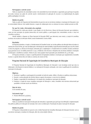 Participação e controle social
        Todos os segmentos da comunidade escolar e da comunidade local são motivados e capacitados para participar da gestão
da escola, inclusive nas ações de controle social e monitoramento de aplicação de recursos e na implementação do projeto
político-pedagógico da escola.

       Modelo de gestão
       Todas as ações do Programa são desenvolvidas em parceria com as secretarias estaduais e municipais de Educação e com
as universidades federais. Este modelo fomenta o regime de colaboração entre os sistemas de ensino, também previsto na LDB.

       Por que foi criado, reformulado e/ou ampliado
       O Programa foi criado para atender o que dispõe a Lei de Diretrizes e Bases da Educação Nacional, que estabelece,
como um dos princípios da gestão democrática do ensino público, a participação das comunidades escolar e local em
conselhos escolares.
       Atende também o disposto no Plano Nacional de Educação (PNE), que determina como metas a criação de conselhos
escolares nas escolas de educação infantil, ensino fundamental e ensino médio.

       Resultados
         O Programa estimulou a criação e o fortalecimento de Conselho Escolar nas escolas públicas de educação básica de todos os
sistemas de ensino do País, por meio da elaboração e distribuição de material didático especificamente destinado para esse fim. Desde
o início do programa, as oficinas de formação continuada para a implantação e o fortalecimento de conselhos escolares atenderam
29.733 pessoas (17.701, no modelo presencial e 12.032, a distância), entre técnicos e dirigentes das secretarias estaduais e municipais
de Educação e conselheiros escolares. Ainda em 2010, novos projetos foram aprovados para atendimento de 5,3 mil vagas.
         O Programa estimulou a criação e o aperfeiçoamento de legislações estaduais e municipais que regulamentam o Conselho
Escolar e a gestão democrática em todos os sistemas de ensino do País.

       Programa Nacional de capacitação de conselheiros Municipais de Educação

       O Programa Nacional de Capacitação de Conselheiros Municipais de Educação é uma tecnologia social que atua na
elaboração e distribuição de material didático e na realização de formação continuada, com vistas à qualificação de conselheiros
municipais de educação.

       objetivos
       •   Incentivar e qualificar a participação da sociedade na tarefa de avaliar, definir e fiscalizar as políticas educacionais.
       •   Garantir a universalização dos direitos básicos capazes de promover o exercício da cidadania.
       •   Ampliar a capacidade de entendimento e de atuação dos conselheiros municipais de educação.
       •   Fomentar a criação de novos conselhos municipais de Educação e, ainda, consolidar uma estrutura educacional que
           possibilite a inclusão social com eficiência.

       data de início
       6 de novembro de 2003

       Instrumento legal
       • Portaria Ministerial 3.272/2003

       Participação e controle social
       Todos os conselheiros municipais de educação são motivados e capacitados para participar das definições e implementações
das políticas públicas de educação do município, bem como na elaboração e fiscalização do plano municipal de educação.

       Modelo de gestão
        O Programa é desenvolvido em parceria com a União Nacional dos Conselhos Municipais de Educação (Uncme), com as
secretarias municipais e estaduais de Educação, além das universidades federais.



                                                                                                                             Educação     131
 