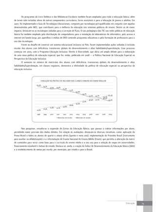 Os programas do Livro Didático e das Bibliotecas Escolares também foram ampliados para toda a educação básica, além
de terem sido incluídas obras de outros componentes curriculares, livros acessíveis e para a educação de jovens e adultos. Em
2007, foi implementado o Guia de Tecnologias Educacionais, composto por tecnologias pré-qualificadas em conjunto com aquelas
desenvolvidas pelo MEC, que contribuem para a melhoria da educação nos sistemas públicos de ensino. Dentre as de maior
impacto, destacam-se as tecnologias voltadas para a correção de fluxo. O uso pedagógico das TIC nas redes públicas de educação
básica foi também ampliado pela distribuição de computadores para a instalação de laboratórios de informática, pelo acesso à
internet em banda larga, por aparelhos e mídias de DVD contendo programas educativos e pela formação de professores para o
uso das tecnologias.
        Frente ao desafio de construir um sistema educacional inclusivo no País, foram implementadas ações voltadas à inclusão
escolar dos alunos com deficiência, transtornos globais do desenvolvimento e altas habilidades/superdotação. Esse processo
começou em 2003, com o Programa Educação Inclusiva: Direito à Diversidade, que abriu um amplo debate para a elaboração
de uma nova política de educação especial, que foi, então, publicada em 2008 – a Política Nacional de Educação Especial na
Perspectiva da Educação Inclusiva.
        O aumento no número de matrículas dos alunos com deficiência, transtornos globais do desenvolvimento e altas
habilidades/superdotação, em classes regulares, demonstra a efetividade da política de educação especial na perspectiva da
educação inclusiva.



                                EVOLUÇÃO DA POLÍTICA DE INCLUSÃO NAS CLASSES COMUNS DO ENSINO REGULAR

                        87,0%
                                  83,1%
                                          78,6%   79,9%
                                                          75,4%
                                                                    71,2%
                                                                            65,6%
                                                                                     59,0%
                                                                                              53,0%   53,0%            60,5%
                                                                                                               54,0%
                                                                                                               46,0%
                                                                                              46,4%   47,0%            39,5%
                                                                                     41,0%
                                                                            34,4%
                                                                   28,8%
                                                          24,6%
                                          21,4%   20,1%
                                  16,9%
                        13,0%

                        1998      1999    2000    2001    2002      2003    2004     2005     2006    2007    2008     2009
                                                   Matrículas em escolas    Matrículas em escolas




        Nas pesquisas, ressalta-se a expansão do Censo da Educação Básica, que passou a coletar informações por aluno,
permitindo maior precisão dos dados obtidos. Em relação às avaliações, destacam-se diversas iniciativas, como: aplicação da
Prova Brasil a todos os alunos de quarta e oitava séries (quinto e nono ano); implementação da Provinha Brasil (instrumento
para auxiliar na alfabetização); e a reformulação do Exame Nacional do Ensino Médio (Enem), que permitiu a alteração da matriz
de conteúdos para servir como base para o currículo do ensino médio e o seu uso para a seleção de vagas em universidades,
financiamento estudantil e bolsas de estudo. Destaca-se, ainda, a criação do Índice de Desenvolvimento da Educação Básica (Ideb)
e o estabelecimento de metas por escola, por município, por estado e para o Brasil.




                                                                                                                               Educação   73
 