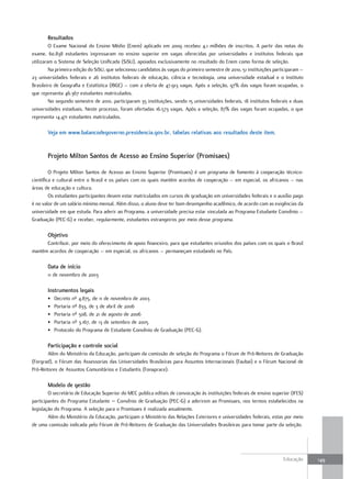 Resultados
         O Exame Nacional do Ensino Médio (Enem) aplicado em 2009 recebeu 4,1 milhões de inscritos. A partir das notas do
exame, 60.838 estudantes ingressaram no ensino superior em vagas oferecidas por universidades e institutos federais que
utilizaram o Sistema de Seleção Unificada (SiSU), apoiados exclusivamente no resultado do Enem como forma de seleção.
         Na primeira edição do SiSU, que selecionou candidatos às vagas do primeiro semestre de 2010, 51 instituições participaram –
23 universidades federais e 26 institutos federais de educação, ciência e tecnologia, uma universidade estadual e o Instituto
Brasileiro de Geografia e Estatística (IBGE) – com a oferta de 47.913 vagas. Após a seleção, 97% das vagas foram ocupadas, o
que representa 46.367 estudantes matriculados.
         No segundo semestre de 2010, participaram 35 instituições, sendo 15 universidades federais, 18 institutos federais e duas
universidades estaduais. Neste processo, foram ofertadas 16.573 vagas. Após a seleção, 87% das vagas foram ocupadas, o que
representa 14.471 estudantes matriculados.

       Veja em www.balancodegoverno.presidencia.gov.br, tabelas relativas aos resultados deste item.


       Projeto Milton santos de acesso ao Ensino superior (Promisaes)

         O Projeto Milton Santos de Acesso ao Ensino Superior (Promisaes) é um programa de fomento à cooperação técnico-
científica e cultural entre o Brasil e os países com os quais mantém acordos de cooperação – em especial, os africanos – nas
áreas de educação e cultura.
         Os estudantes participantes devem estar matriculados em cursos de graduação em universidades federais e o auxílio pago
é no valor de um salário mínimo mensal. Além disso, o aluno deve ter bom desempenho acadêmico, de acordo com as exigências da
universidade em que estuda. Para aderir ao Programa, a universidade precisa estar vinculada ao Programa Estudante Convênio –
Graduação (PEC-G) e receber, regularmente, estudantes estrangeiros por meio desse programa.

       objetivo
      Contribuir, por meio do oferecimento de apoio financeiro, para que estudantes oriundos dos países com os quais o Brasil
mantém acordos de cooperação – em especial, os africanos – permaneçam estudando no País.

       data de início
       11 de novembro de 2003

       Instrumentos legais
       •   Decreto nº 4.875, de 11 de novembro de 2003
       •   Portaria nº 833, de 3 de abril de 2006
       •   Portaria nº 508, de 21 de agosto de 2006
       •   Portaria nº 3.167, de 13 de setembro de 2005
       •   Protocolo do Programa de Estudante Convênio de Graduação (PEC-G).

       Participação e controle social
        Além do Ministério da Educação, participam da comissão de seleção do Programa o Fórum de Pró-Reitores de Graduação
(Forgrad), o Fórum das Assessorias das Universidades Brasileiras para Assuntos Internacionais (Faubai) e o Fórum Nacional de
Pró-Reitores de Assuntos Comunitários e Estudantis (Fonaprace).

       Modelo de gestão
        O secretário de Educação Superior do MEC publica editais de convocação às instituições federais de ensino superior (IFES)
participantes do Programa Estudante – Convênio de Graduação (PEC-G) a aderirem ao Promisaes, nos termos estabelecidos na
legislação do Programa. A seleção para o Promisaes é realizada anualmente.
        Além do Ministério da Educação, participam o Ministério das Relações Exteriores e universidades federais, estas por meio
de uma comissão indicada pelo Fórum de Pró-Reitores de Graduação das Universidades Brasileiras para tomar parte da seleção.




                                                                                                                          Educação     149
 