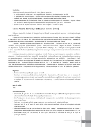 Resultados
       O processo de modernização do Censo do Ensino Superior propiciou:
       • O fortalecimento da cooperação e da responsabilização dos entes e agentes envolvidos nas IES.
       • A simplificação de procedimentos e a agilidade nos processos de coleta, análise e disseminação dos dados.
       • Imprimiu mais precisão nas informações coletadas e melhor utilização dos recursos públicos.
       • Permitiu a formulação de novas hipóteses sobre, por exemplo, o abandono e a evasão, concluintes, a carga de trabalho
          dos docentes, o déficit de professores em determinadas disciplinas da educação básica, entre outros.
       • Permitiu o cálculo dos índices Conceito Preliminar de Curso (CPC) e Geral Curso (IGC)

       sistema Nacional de avaliação da Educação superior (sinaes)

         O Sistema Nacional de Avaliação da Educação Superior (Sinaes) tem o propósito de promover a melhoria da educação
superior no Brasil.
         A avaliação institucional externa, de cursos e dos estudantes, constitui referencial básico para os processos de regulação
e supervisão da educação superior, para fins de emissão dos atos regulatórios de autorização, reconhecimento e renovação de
reconhecimento de cursos e credenciamento e recredenciamento de instituições de educação superior.
         A análise é realizada na perspectiva de identificar o perfil institucional e a qualidade da sua atuação, considerando
atividades, cursos, programas, projetos e setores. Quanto à avaliação de cursos, tem-se o objetivo de verificar a infraestrutura
das dependências, o perfil do corpo docente e a organização didático-pedagógica. Para a realização das avaliações é constituído
o Banco Nacional de Avaliadores (BASIs), com permanente capacitação sobre procedimentos e instrumentos utilizados nas
visitas in loco.
         A avaliação de estudantes, inicialmente realizada por meio do Provão, que examinava apenas os estudantes concluintes,
atualmente é efetuada por meio do Exame Nacional de Desempenho de Estudantes (Enade), cuja finalidade é avaliar o desempenho
dos alunos ingressantes e concluintes em relação aos conteúdos programáticos, suas habilidades e competências. O Enade
também oferece elementos para a construção de indicadores de qualidade dos cursos que servem de referência para os processos
de avaliação in loco. É o caso do Conceito Preliminar de Cursos (CPC) e do Índice Geral de Cursos (IGC), ambos criados em
2008, que passam a ser usados como referência para a avaliação e como indutores da implementação do próprio Sinaes. Esses
indicadores materializam o cumprimento de uma importante etapa rumo à consolidação da cultura de avaliação na graduação.

       objetivos
       • Promover a melhoria da educação superior no Brasil.
       • Constituir, por meio de avaliação externa, institucional e dos estudantes, referencial básico para os processos de
         regulação e supervisão da educação superior para fins de emissão dos atos regulatórios de autorização, reconhecimento
         e renovação de reconhecimento de cursos e para credenciamento e recredenciamento de instituições de educação
         superior.

       data de início
       2004

       Instrumentos legais
       • Lei nº 10.861, de 14 de abril de 2004: institui o Sistema Nacional de Avaliação da Educação Superior (Sinaes) e também
         a Comissão Nacional de Avaliação da Educação Superior (Conaes).
       • Lei nº 10.870, de 19 de maio de 2004: institui a taxa de avaliação in loco das instituições de educação superior e dos
         cursos de graduação.
       • Portaria nº 2.051, de 9 de julho de 2004: regulamenta os procedimentos de avaliação do Sinaes.
       • Portaria nº 300, de 30 de janeiro de 2006: aprova o instrumento de avaliação externa de instituições de educação
         superior do Sinaes.
       • Portaria Normativa nº 40, de 12 de dezembro de 2007: institui o e-MEC, sistema eletrônico de fluxo de trabalho e
         gerenciamento de informações relativas aos processos de regulação da educação superior no Sistema Federal de Educação.
       • Portaria MEC nº 563, de 21 de fevereiro de 2006: aprova, em extrato, o instrumento de avaliação de cursos de
         graduação do Sinaes.



                                                                                                                         Educação     159
 
