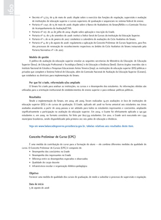 160
             • Decreto nº 5.773, de 9 de maio de 2006: dispõe sobre o exercício das funções de regulação, supervisão e avaliação
               de instituições de educação superior e cursos superiores de graduação e sequenciais no sistema federal de ensino.
             • Portaria nº 1.027, de 15 de maio de 2006: dispõe sobre o Banco de Avaliadores do Sinaes/BASIs e a Comissão Técnica
               de Acompanhamento da Avaliação/CTAA.
             • Portaria nº 107, de 22 de julho de 2004: dispõe sobre aplicação e inscrição do Enade.
             • Portaria nº 12, de 5 de setembro de 2008: institui o Índice Geral de Cursos da Instituição da Educação Superior.
             • Portaria nº 1, de 10 de janeiro de 2007: estabelece o calendário de avaliações do Ciclo Avaliativo do Sinaes.
             • Portaria nº 4, de 5 de agosto de 2008: regulamenta a aplicação do Conceito Preliminar de Cursos Superiores, para fins
               dos processos de renovação de reconhecimento respectivos no âmbito do Ciclo Avaliativo do Sinaes instaurado pela
               Portaria Normativa nº 1 de 2007.

             Modelo de gestão
               A política de avaliação da educação superior envolve as seguintes secretarias do Ministério da Educação: de Educação
      Superior (Sesu), de Educação Profissional e Tecnológica (Setec) e de Educação a Distância (Seed). Outros órgãos inseridos são o
      Instituto Nacional de Estudos e Pesquisas Educacionais Anísio Teixeira (Inep), as instituições de educação superior (IES) públicas e
      privadas que compõem o Sistema Federal de Educação, além da Comissão Nacional de Avaliação da Educação Superior (Conaes),
      que estabelece as diretrizes para implementação do Sinaes.

             Por que foi criado, reformulado e/ou ampliado
              O Sinaes foi criado para analisar as instituições, os cursos e o desempenho dos estudantes. As informações obtidas são
      utilizadas para a orientação institucional de estabelecimentos de ensino superior e para embasar políticas públicas.

             Resultados
              Desde a implementação do Sinaes, em 2004, até 2009, foram realizadas 14.270 avaliações in loco de instituições de
      educação superior (IES) e de cursos de graduação. O Enade, aplicado até 2008 na forma amostral aos estudantes nas áreas
      avaliadas anualmente, a partir de 2009 passou a ser adotado para todos os estudantes ingressantes e concluintes, ampliando
      significativamente a participação na avaliação da educação superior. Em 2004, o Exame foi efetivamente aplicado a 140.340
      estudantes e, em 2009, no formato censitário, foi feito por 802.534 estudantes. Em 2010, o Enade será executado em 1.344
      municípios brasileiros, sendo disponibilizado pela primeira vez nos polos de educação a distância.

             Veja em www.balancodegoverno.presidencia.gov.br, tabelas relativas aos resultados deste item.


             conceito Preliminar de curso (cPc)

             É uma medida da contribuição do curso para a formação do aluno – ele combina diferentes medidas da qualidade do
      curso. O Conceito Preliminar de Cursos (CPC) é composto de:
             • Desempenho dos concluintes no Enade
             • Desempenho dos ingressantes no Enade
             • Diferença entre os desempenhos esperados e observados
             • Qualidade do corpo docente
             • Infraestrutura escolar e organização didático-pedagógica

             objetivo
             Fornecer uma medida de qualidade dos cursos de graduação, de modo a subsidiar o processo de supervisão e regulação.

             data de início
             5 de agosto de 2008
 