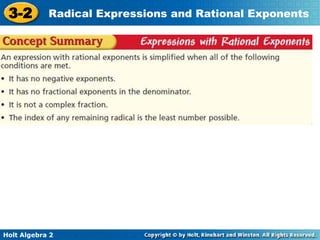 Holt Algebra 2
3-2 Radical Expressions and Rational Exponents
 