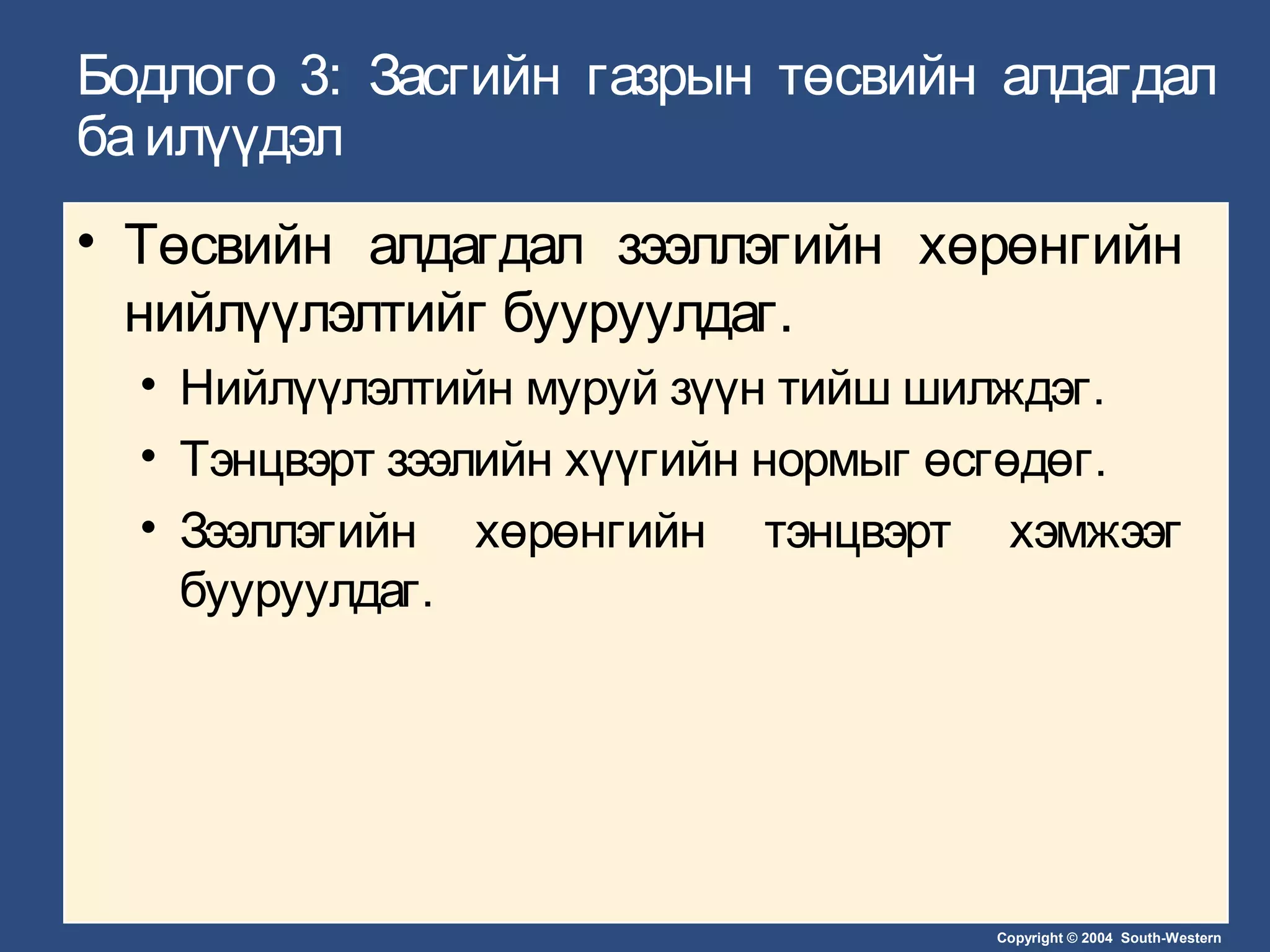 Copyright © 2004 South-Western
Бодлого 3: Засгийн газрын төсвийн алдагдал
баилүүдэл
• Төсвийн алдагдал зээллэгийн хөрөнгийн
нийлүүлэлтийг бууруулдаг.
• Нийлүүлэлтийн муруй зүүн тийш шилждэг.
• Тэнцвэрт зээлийн хүүгийн нормыг өсгөдөг.
• Зээллэгийн хөрөнгийн тэнцвэрт хэмжээг
бууруулдаг.
 