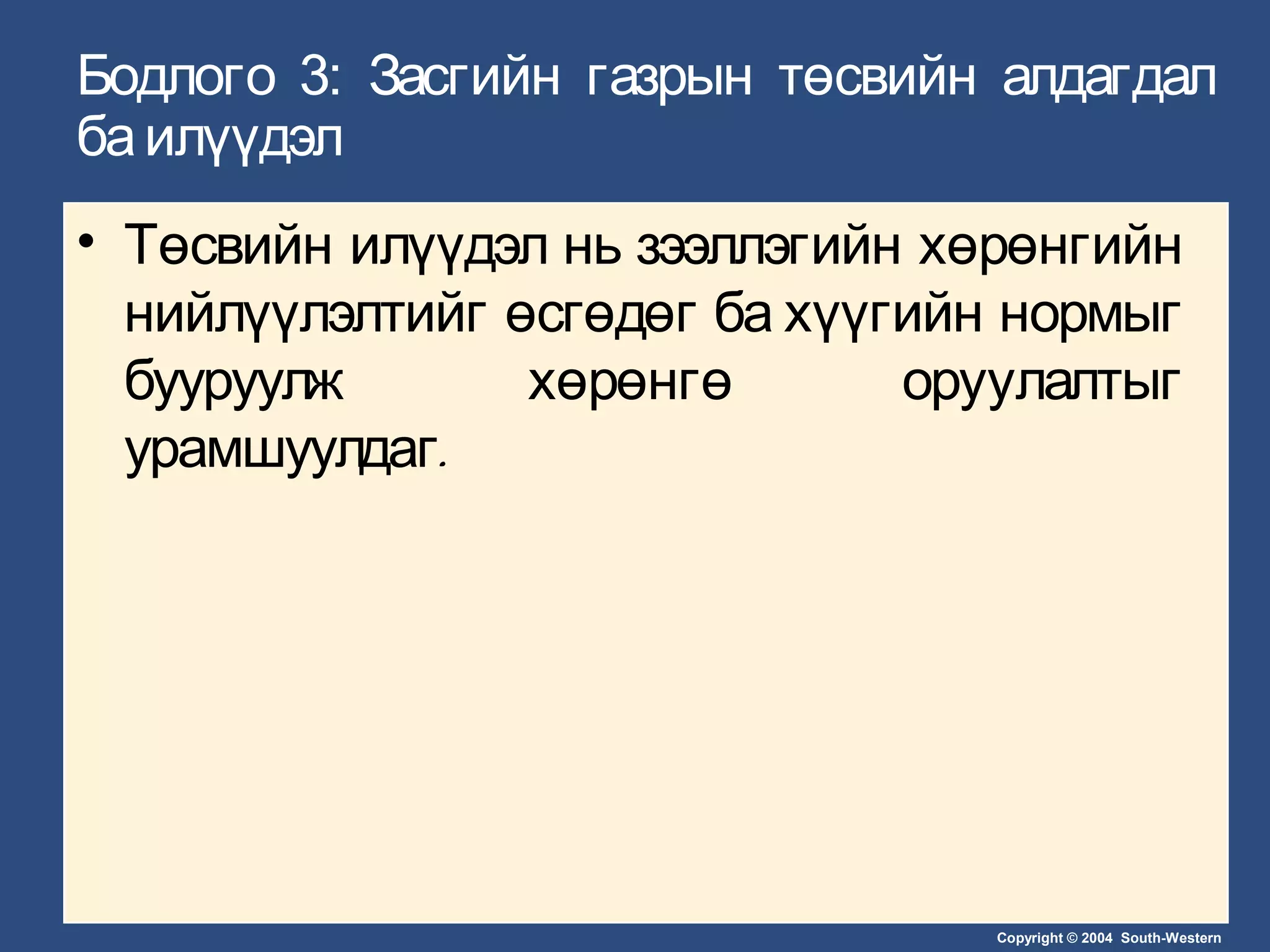 Copyright © 2004 South-Western
Бодлого 3: Засгийн газрын төсвийн алдагдал
баилүүдэл
• Төсвийн илүүдэл нь зээллэгийн хөрөнгийн
нийлүүлэлтийг өсгөдөг ба хүүгийн нормыг
бууруулж хөрөнгө оруулалтыг
.урамшуулдаг
 