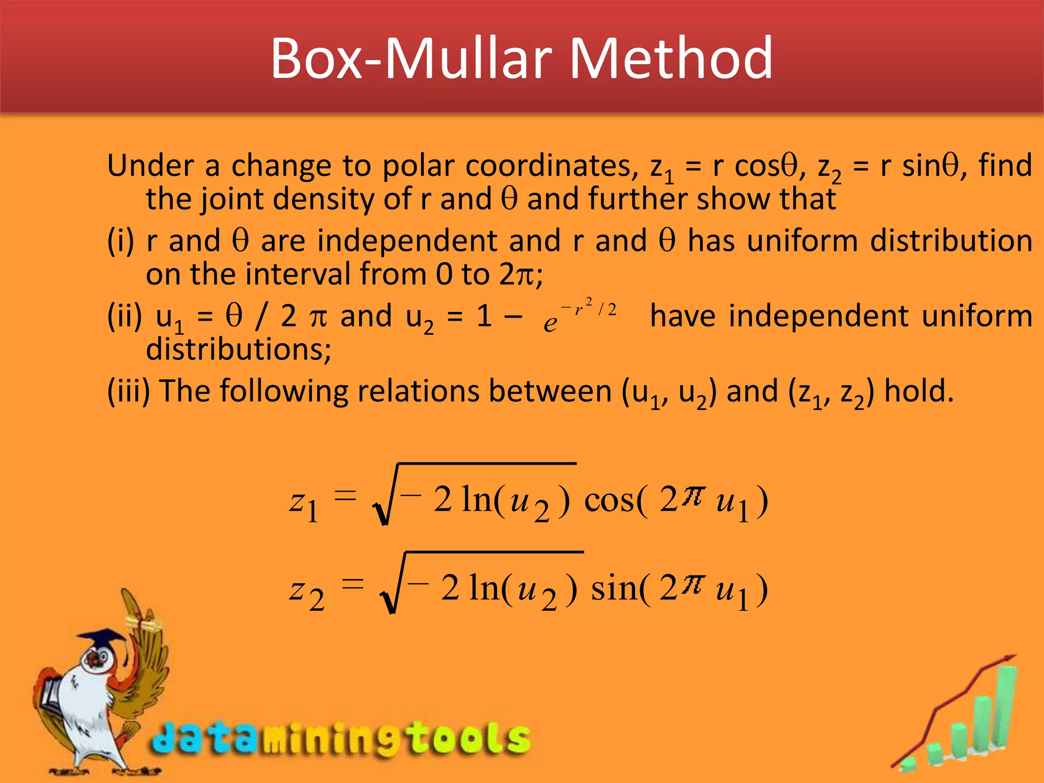Box-Mullar MethodBox-Mullar MethodConsider two independent standard normal random variables whose joint density is given by