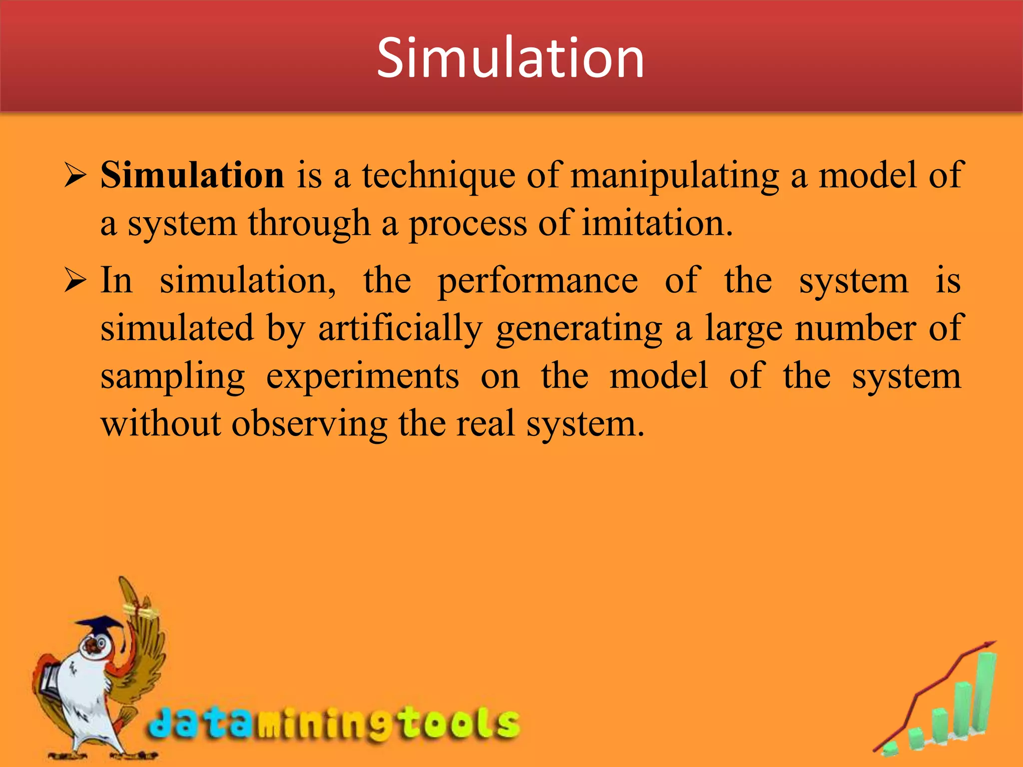 SimulationSimulation is a technique of manipulating a model of a system through a process of imitation.