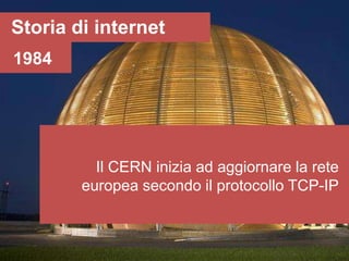 Storia di internet
1984




          Il CERN inizia ad aggiornare la rete
        europea secondo il protocollo TCP-IP
 