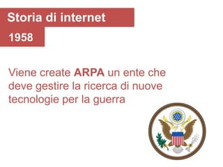 Storia di internet
1958


Viene create ARPA un ente che
deve gestire la ricerca di nuove
tecnologie per la guerra
 