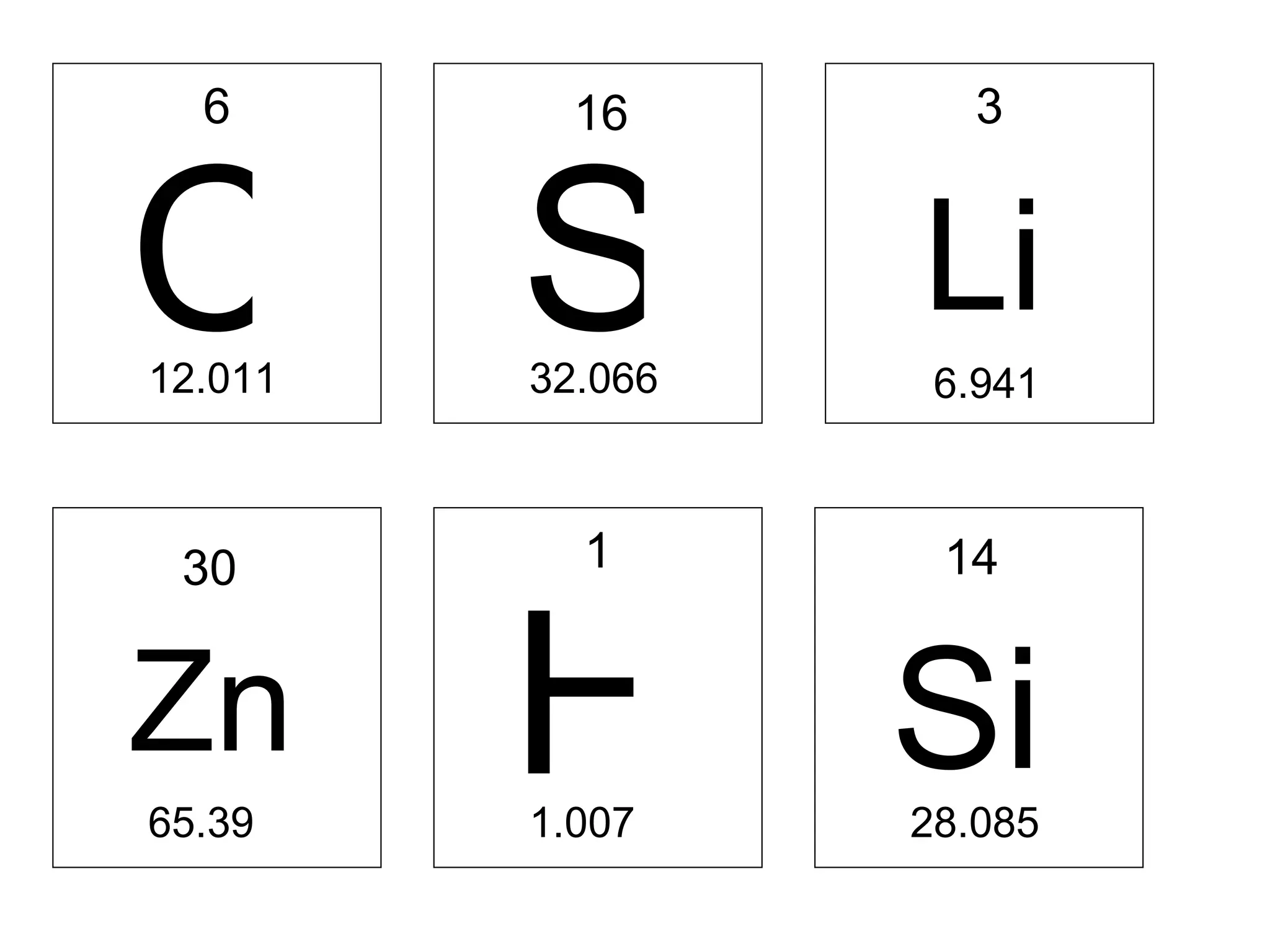 C 6 12.011 S 16 32.066 Zn 30 65.39 H 1 1.007 Si 14 28.085 Li 3 6.941 