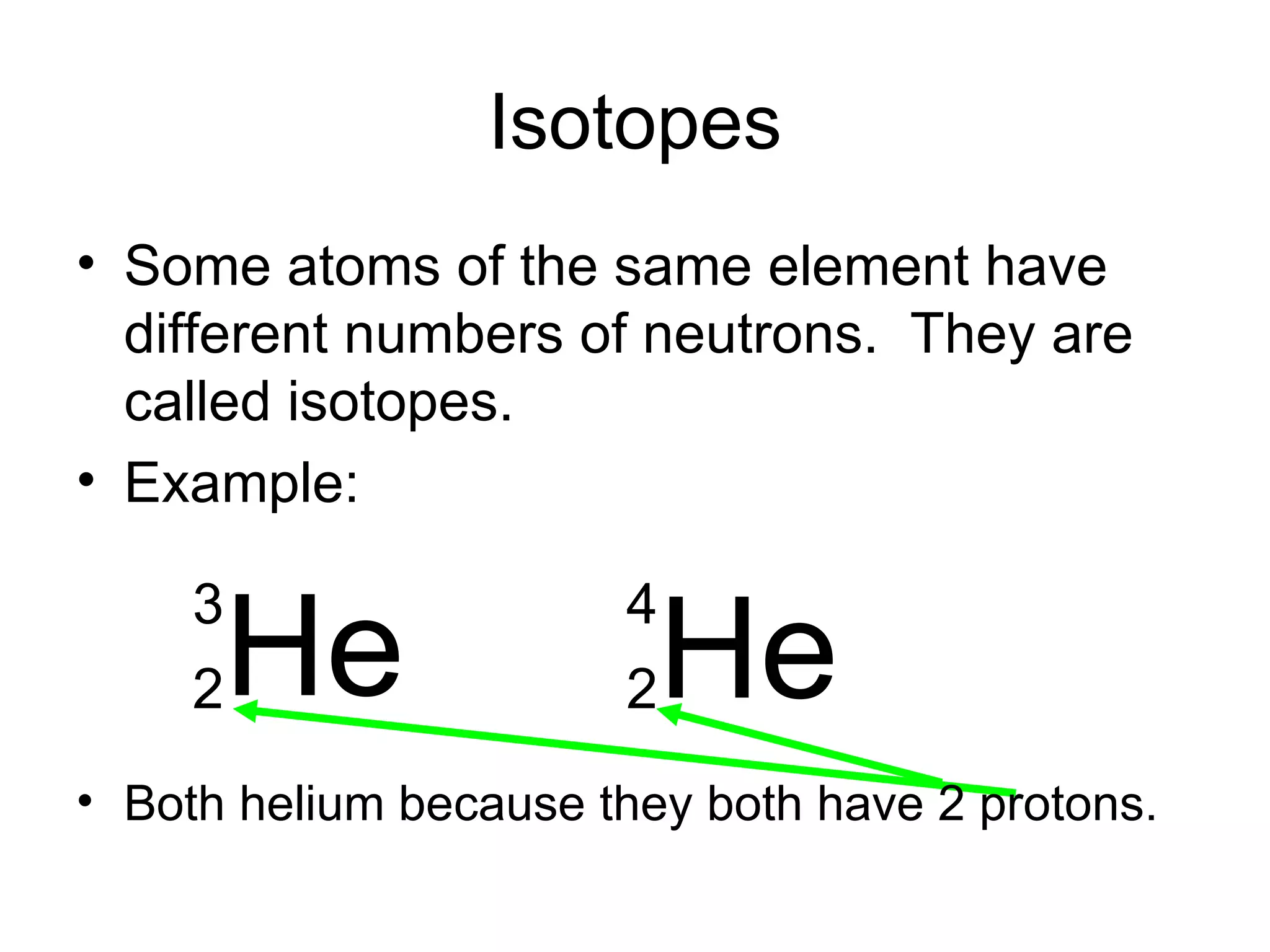 Isotopes Some atoms of the same element have different numbers of neutrons.  They are called isotopes. Example: Both helium because they both have 2 protons. He He 4 3 2 2 