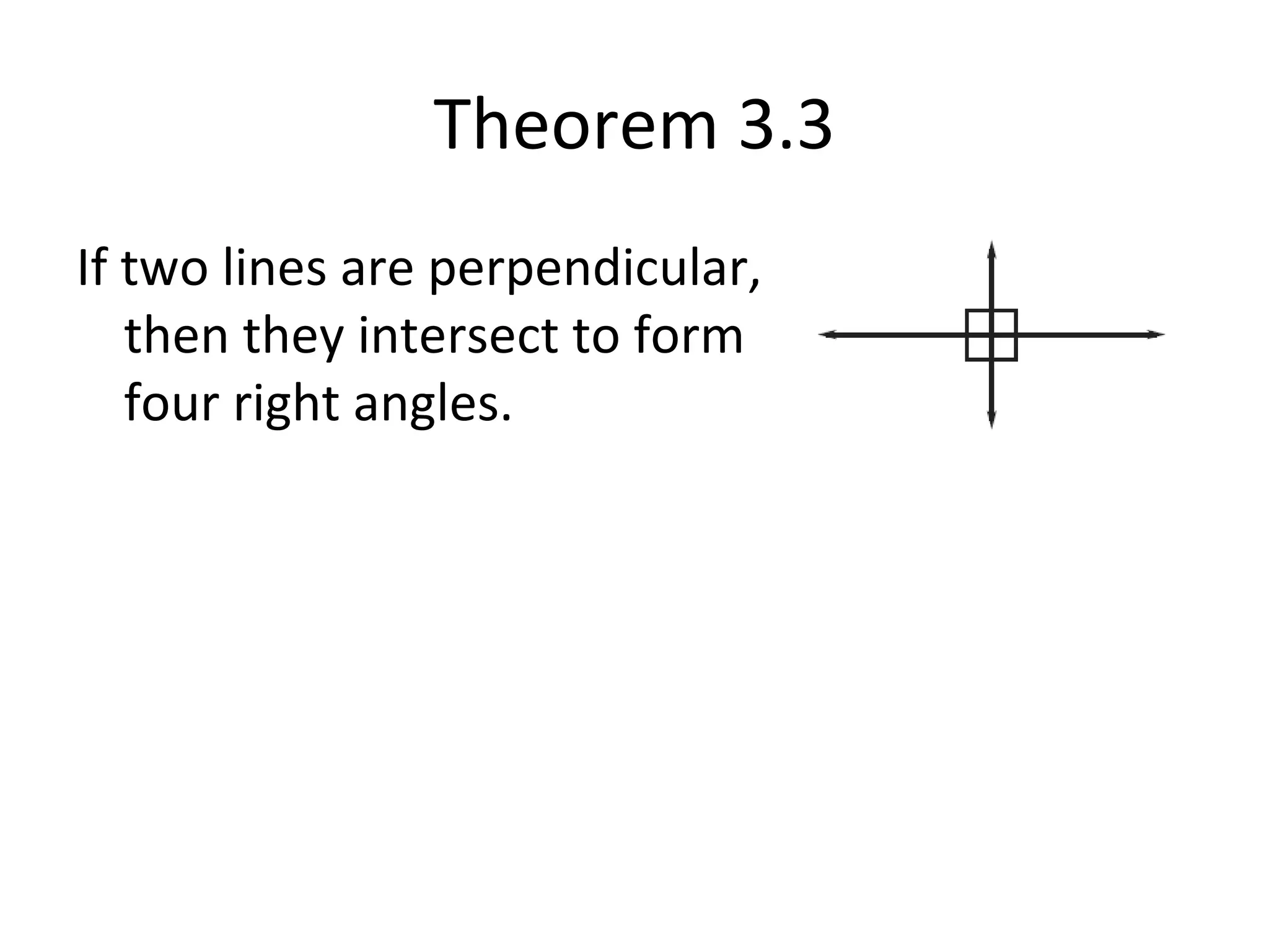 Theorem 3.3 If two lines are perpendicular, then they intersect to form four right angles.