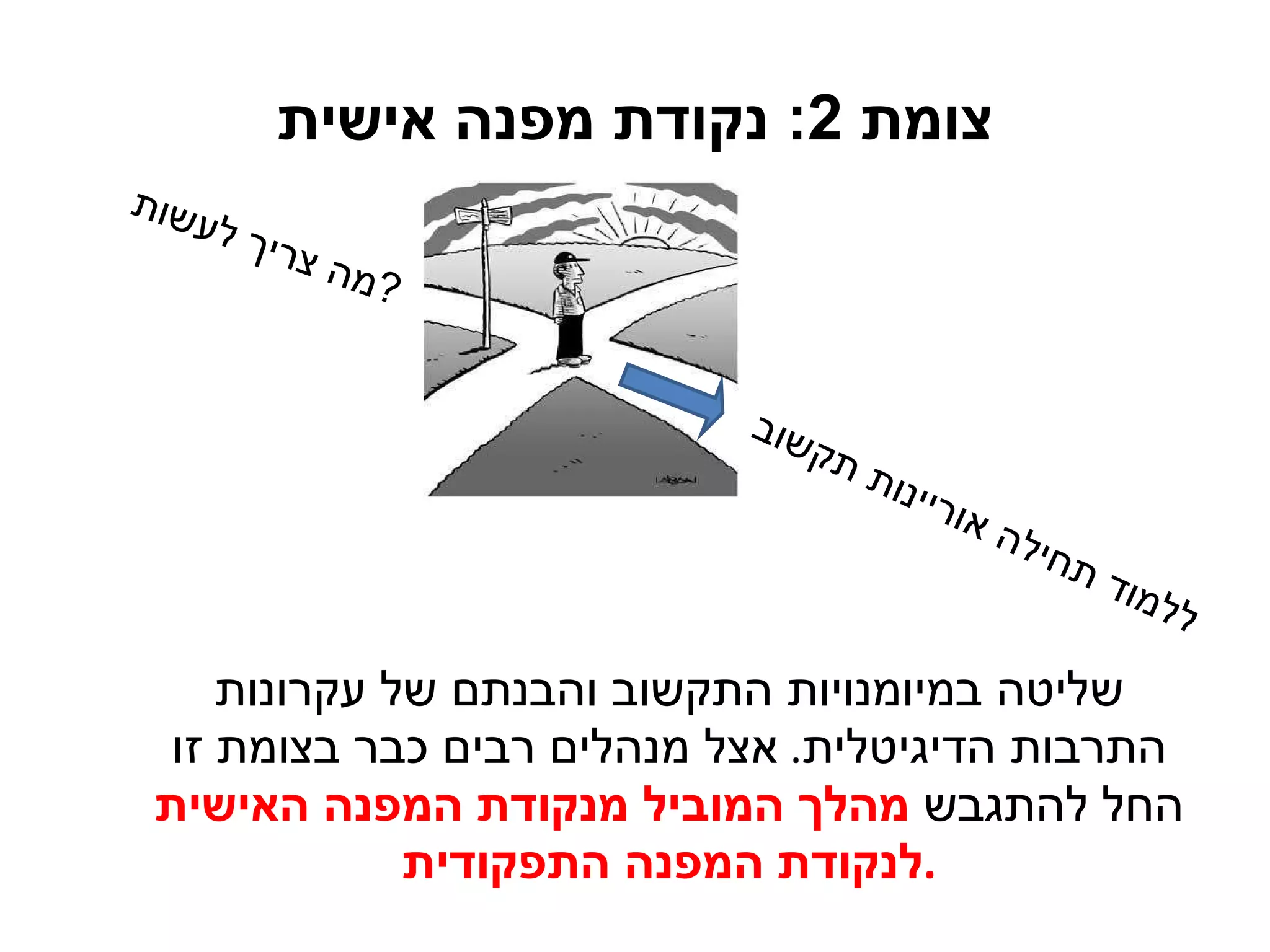 צומת  2:  נקודת מפנה אישית שליטה במיומנויות התקשוב והבנתם של עקרונות התרבות הדיגיטלית .  אצל מנהלים רבים כבר בצומת זו החל להתגבש  מהלך המוביל מנקודת המפנה האישית לנקודת המפנה התפקודית . ללמוד תחילה אוריינות תקשוב מה צריך לעשות ? 